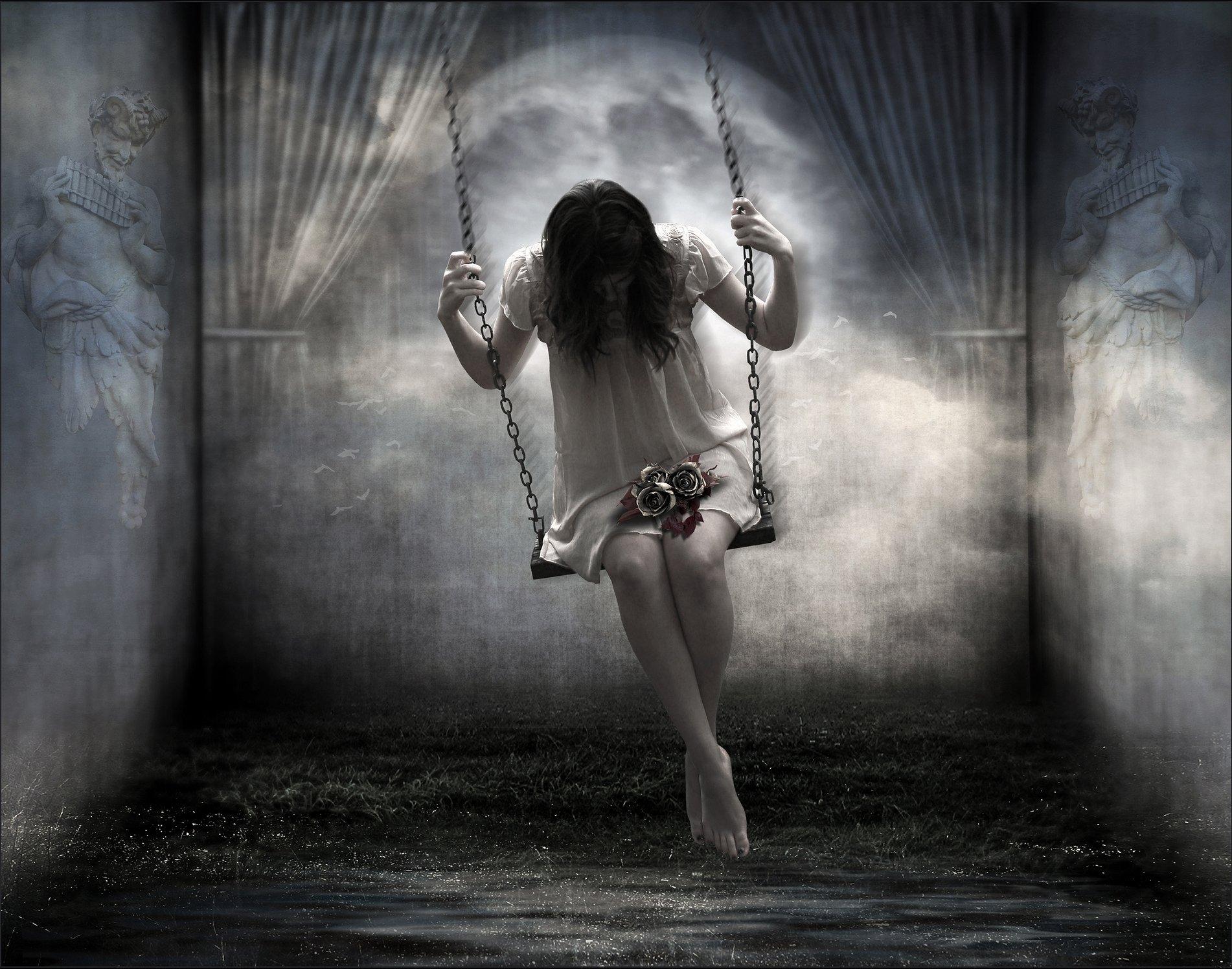 Girl on a Swing in Ghostly Room Wallpaper and Background