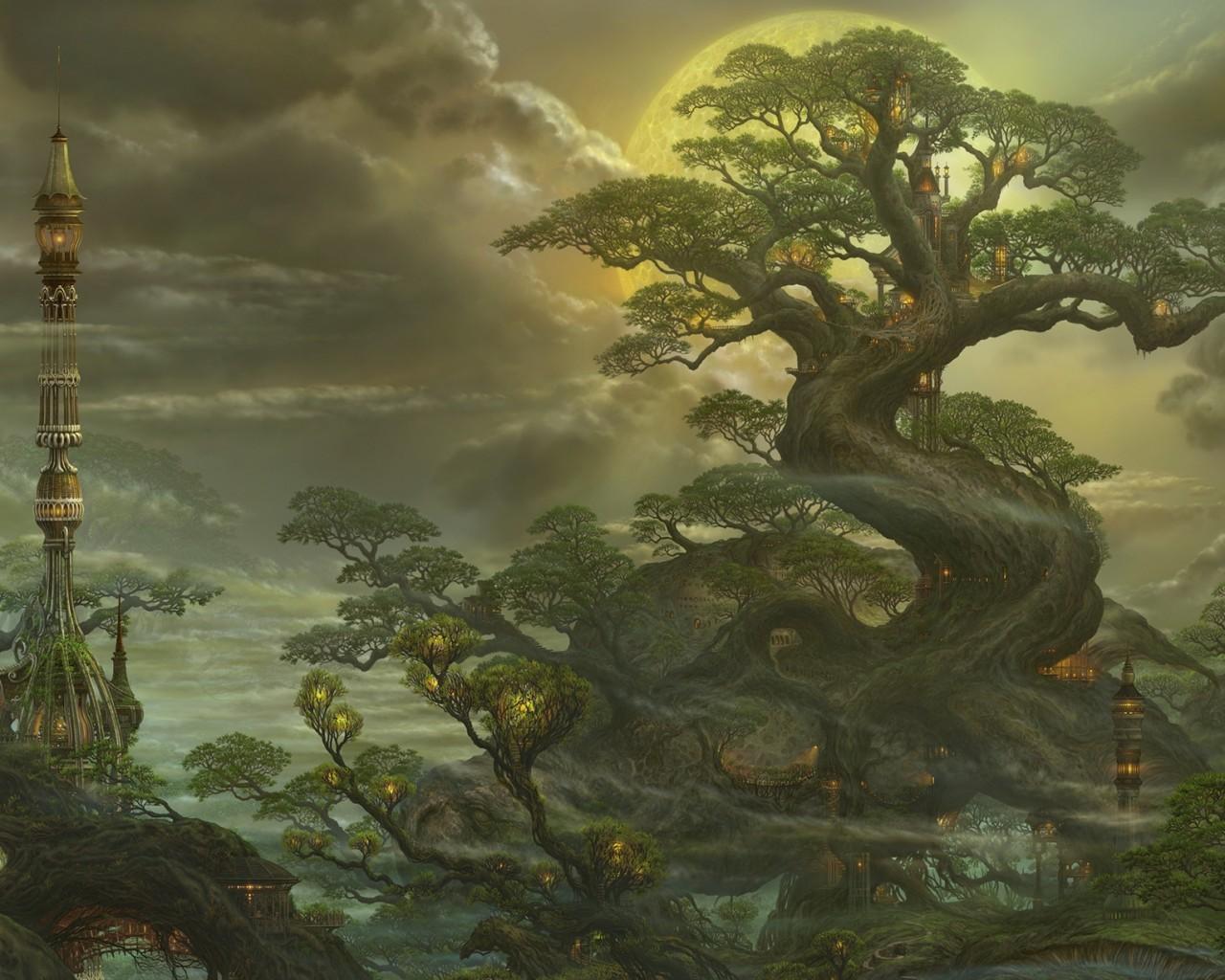 Download 1280x1024 Fantasy Landscape, Big Old Tree, Moon