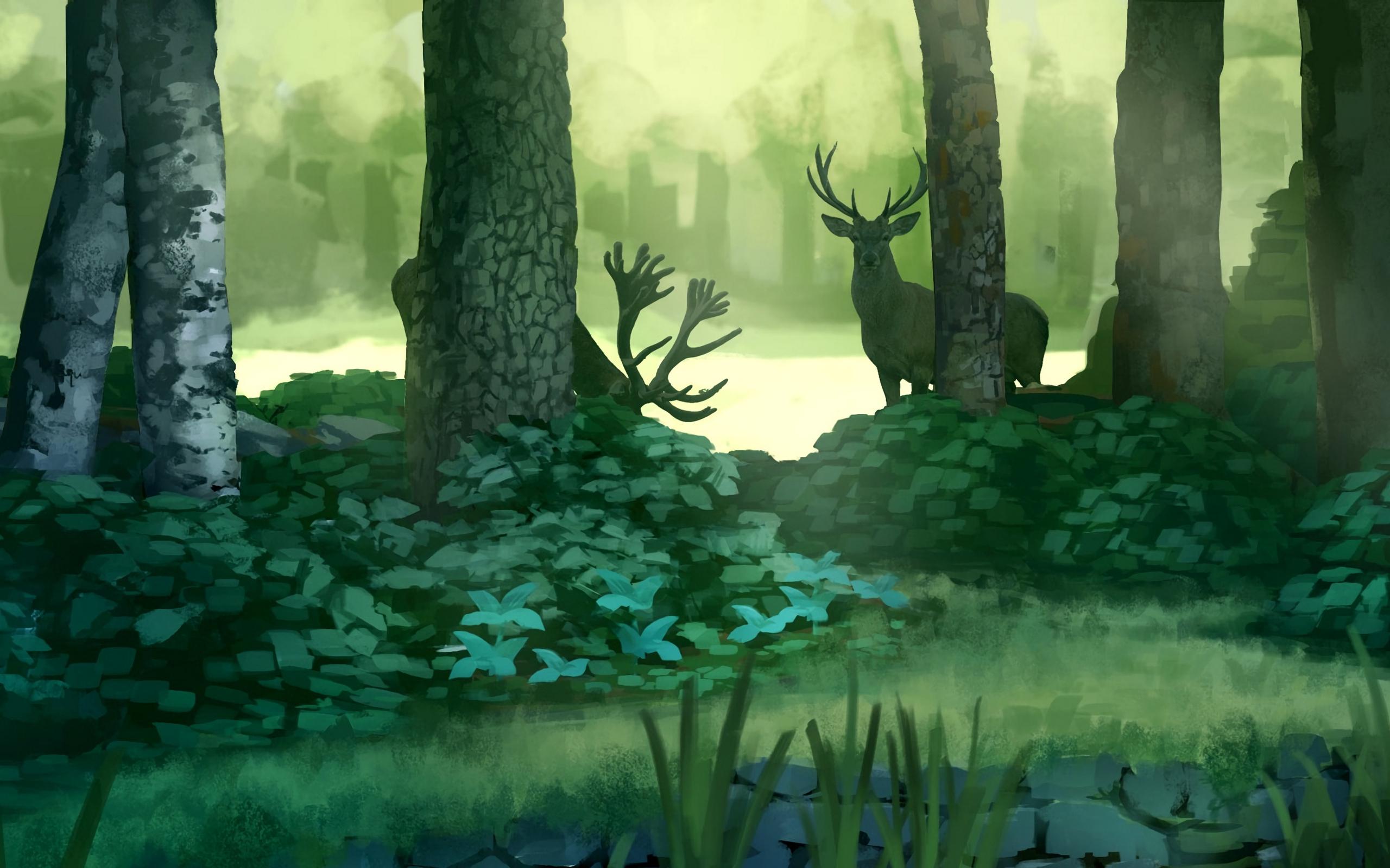 Download wallpaper 2560x1600 forest, art, deer, swan, pond