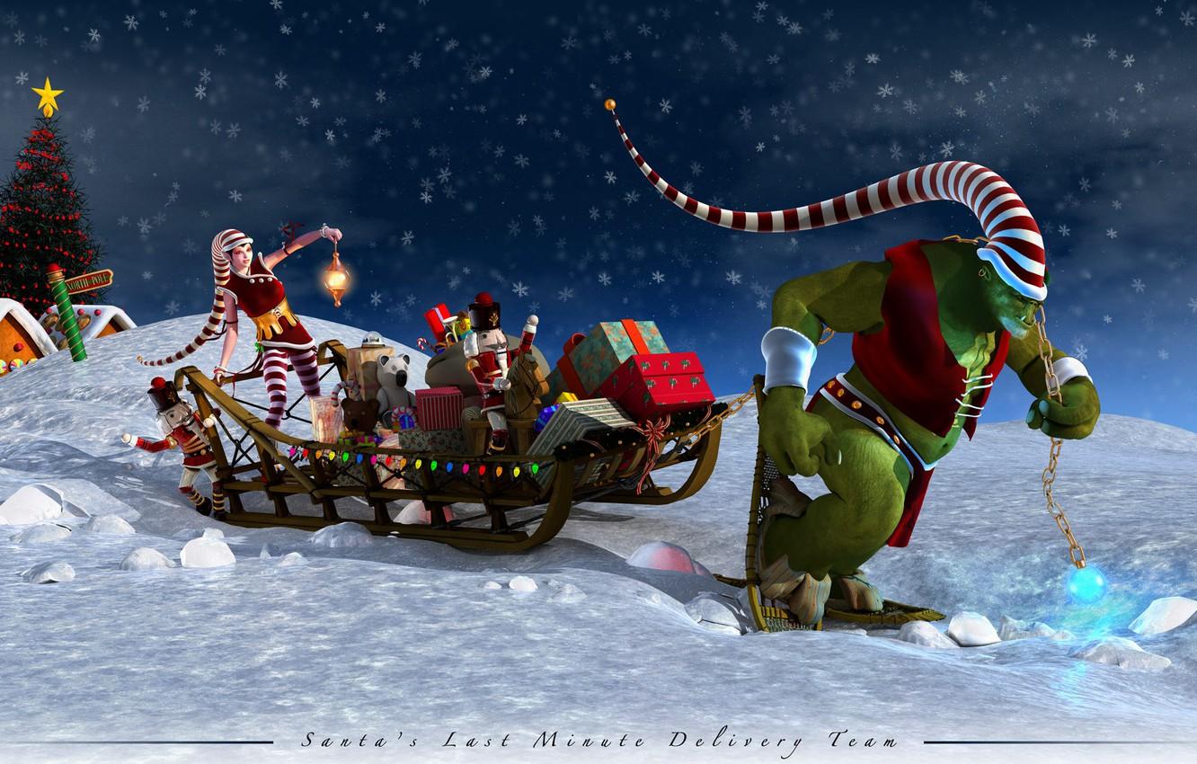 Wallpaper anime, gifts, tree, sleigh, Santa, Klaus image