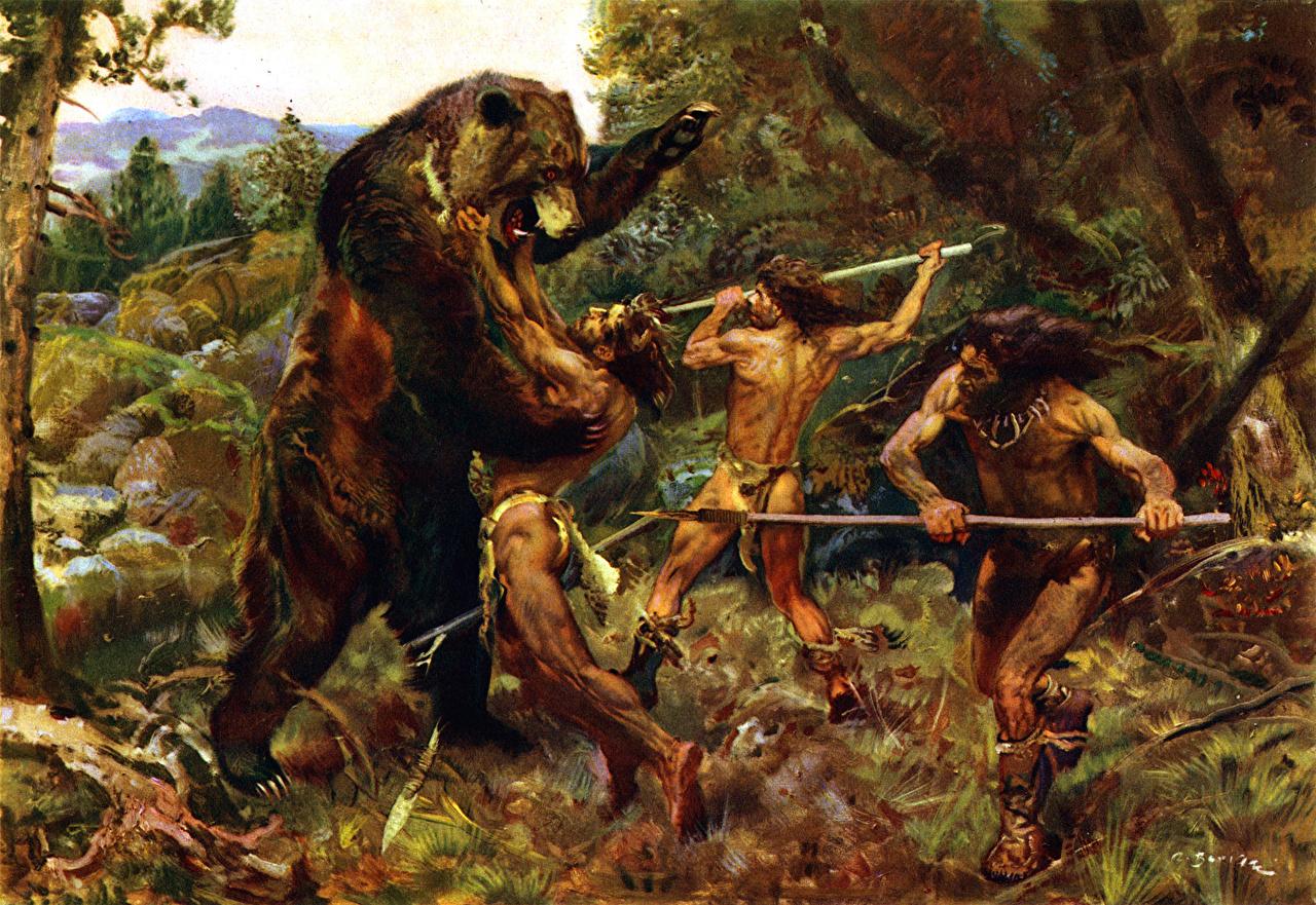 Desktop Wallpaper Men Warriors Hunting the cave bear Fight