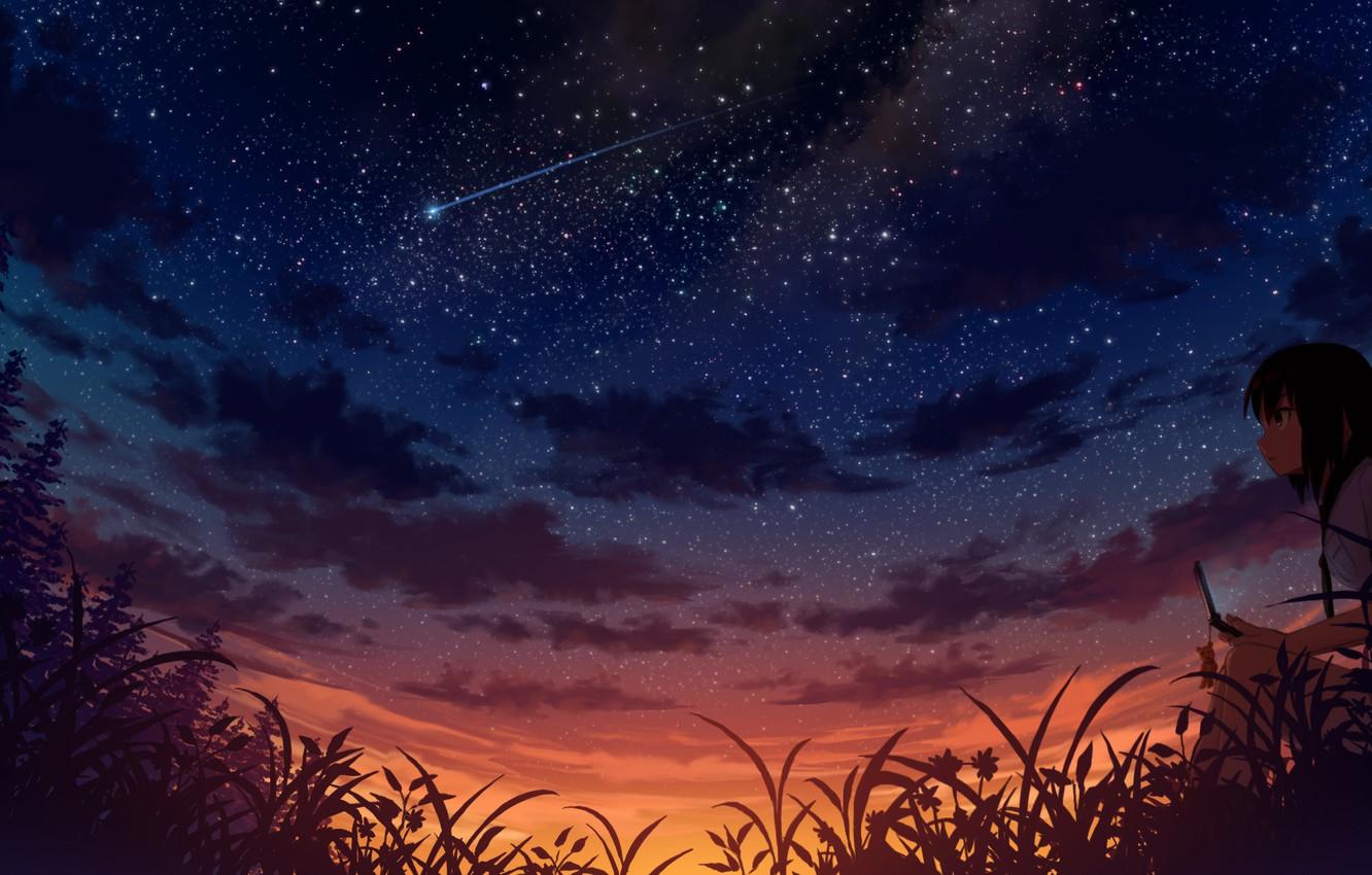 Wallpaper girl, night, meteor, art, phone, starry sky, cell