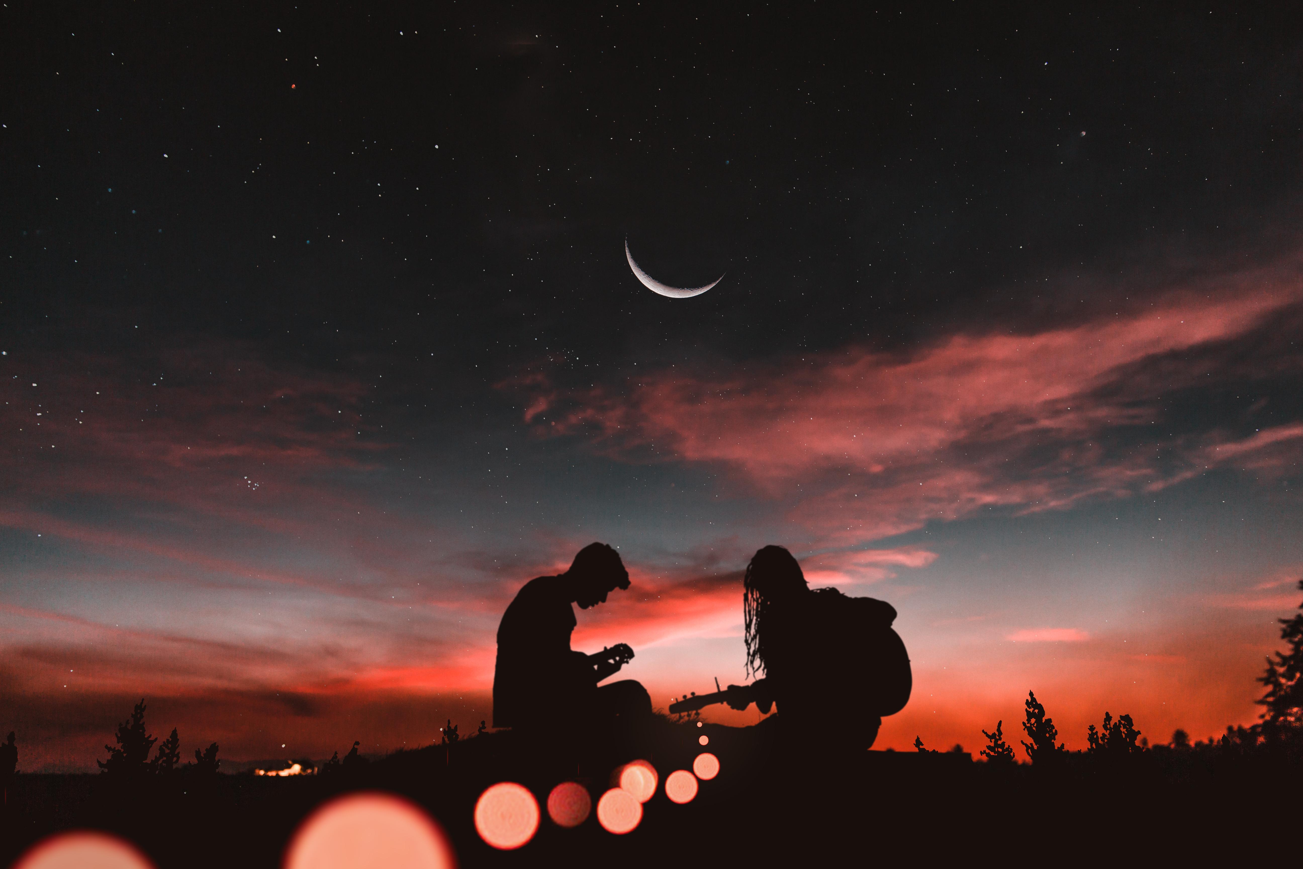Silhouettes Couple Guitar Sunset Romance Starry Sky