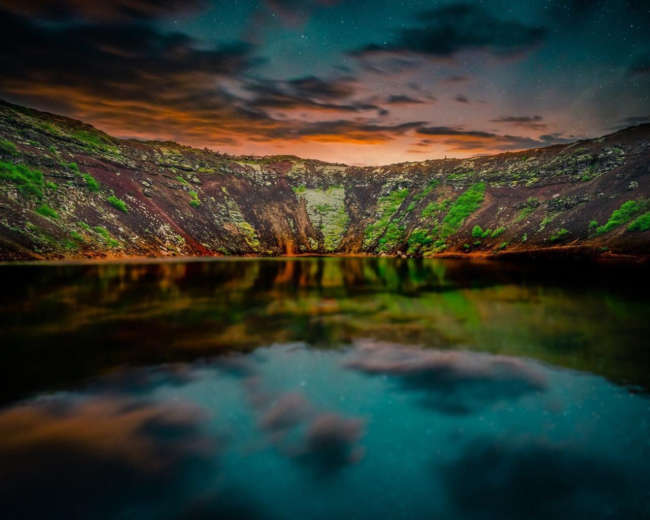 Wallpaper Iceland, mountains, lake, starry, dusk 1920x1200
