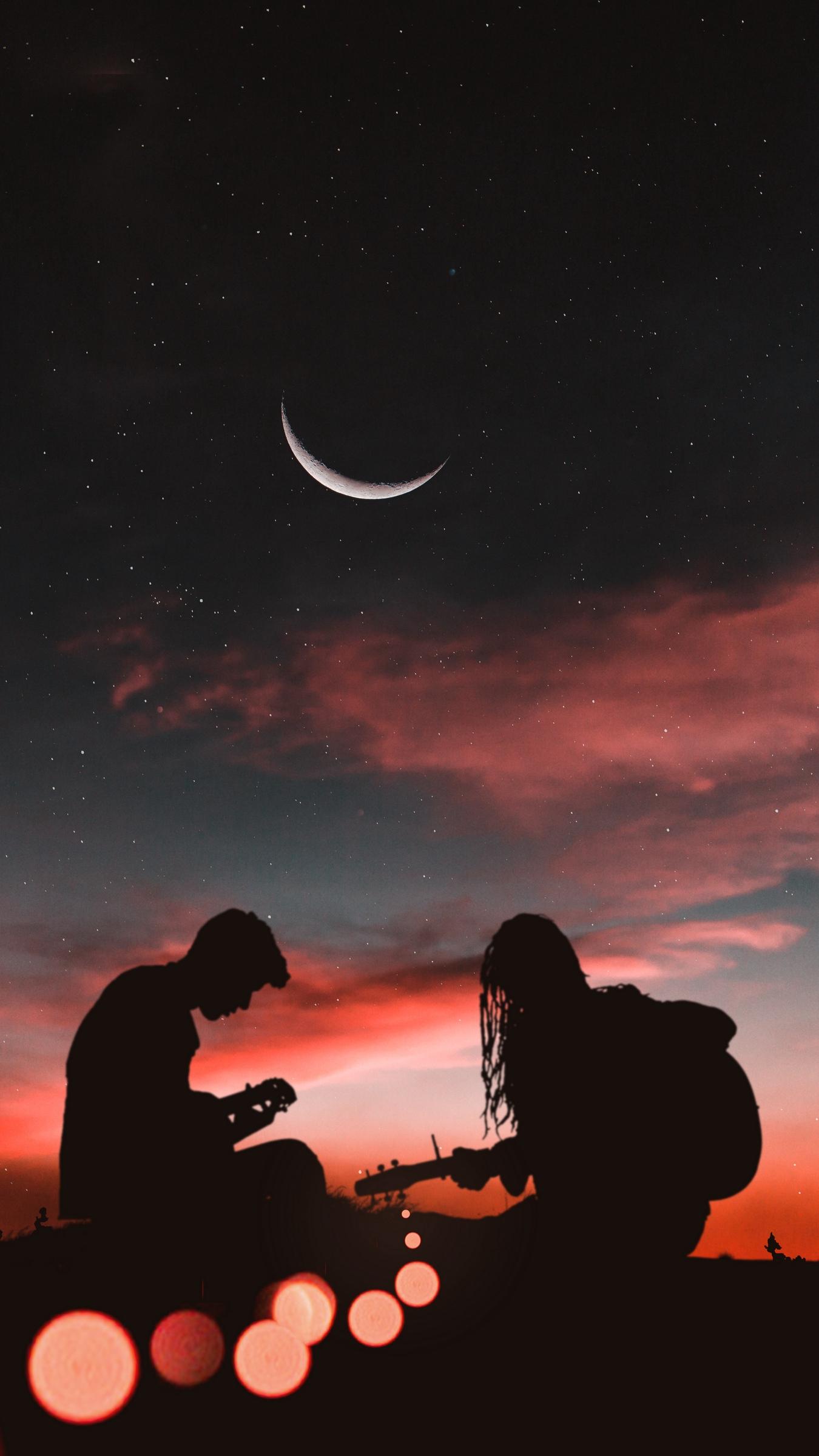 Download wallpaper 1350x2400 silhouettes, couple, guitar