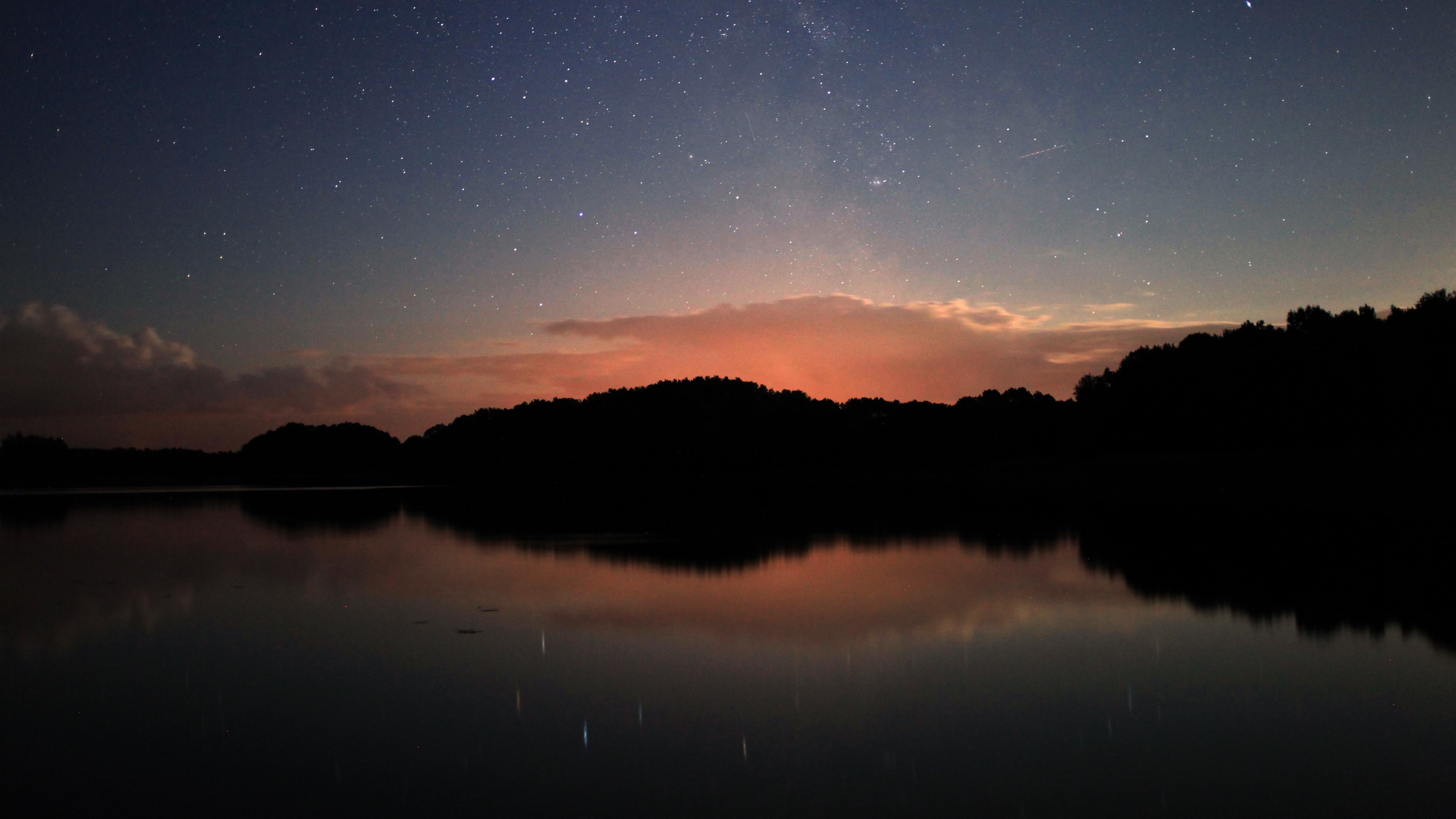 Wallpaper Sunset, starry, lake, water reflection, night