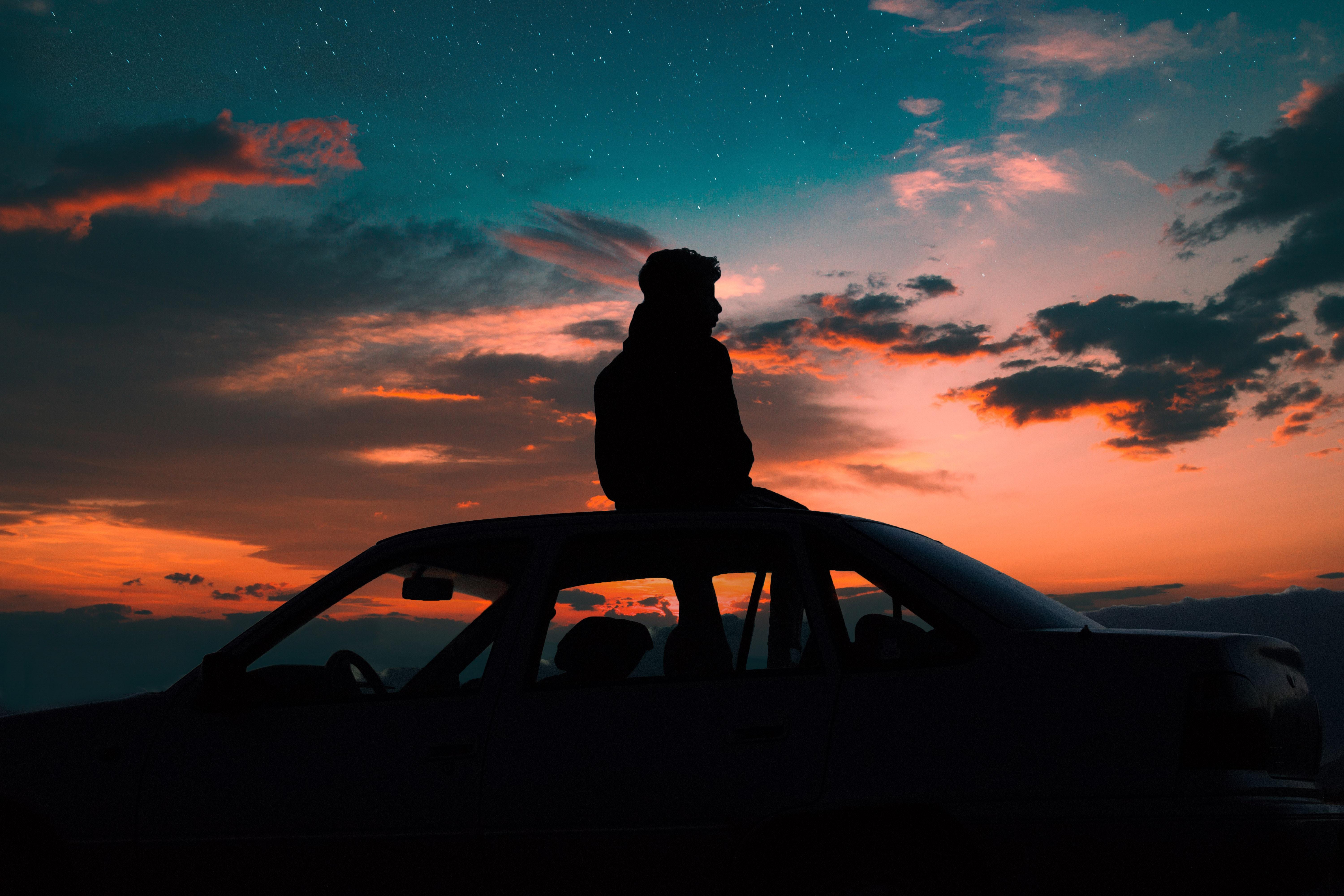 wallpaper man, starry sky, car, solitude, loneliness HD