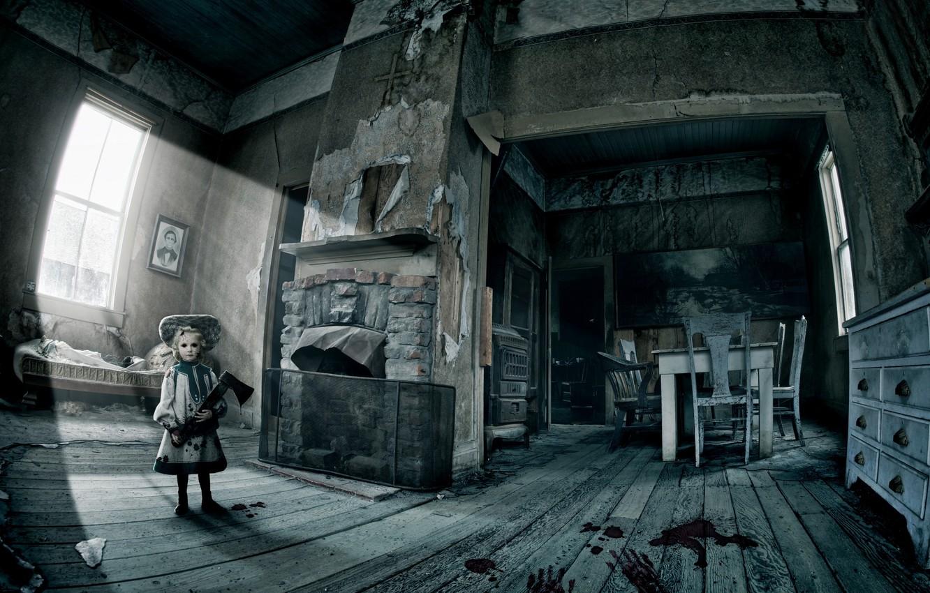 Wallpaper blood, doll, horror, axe, old abandoned house image for desktop, section ситуации