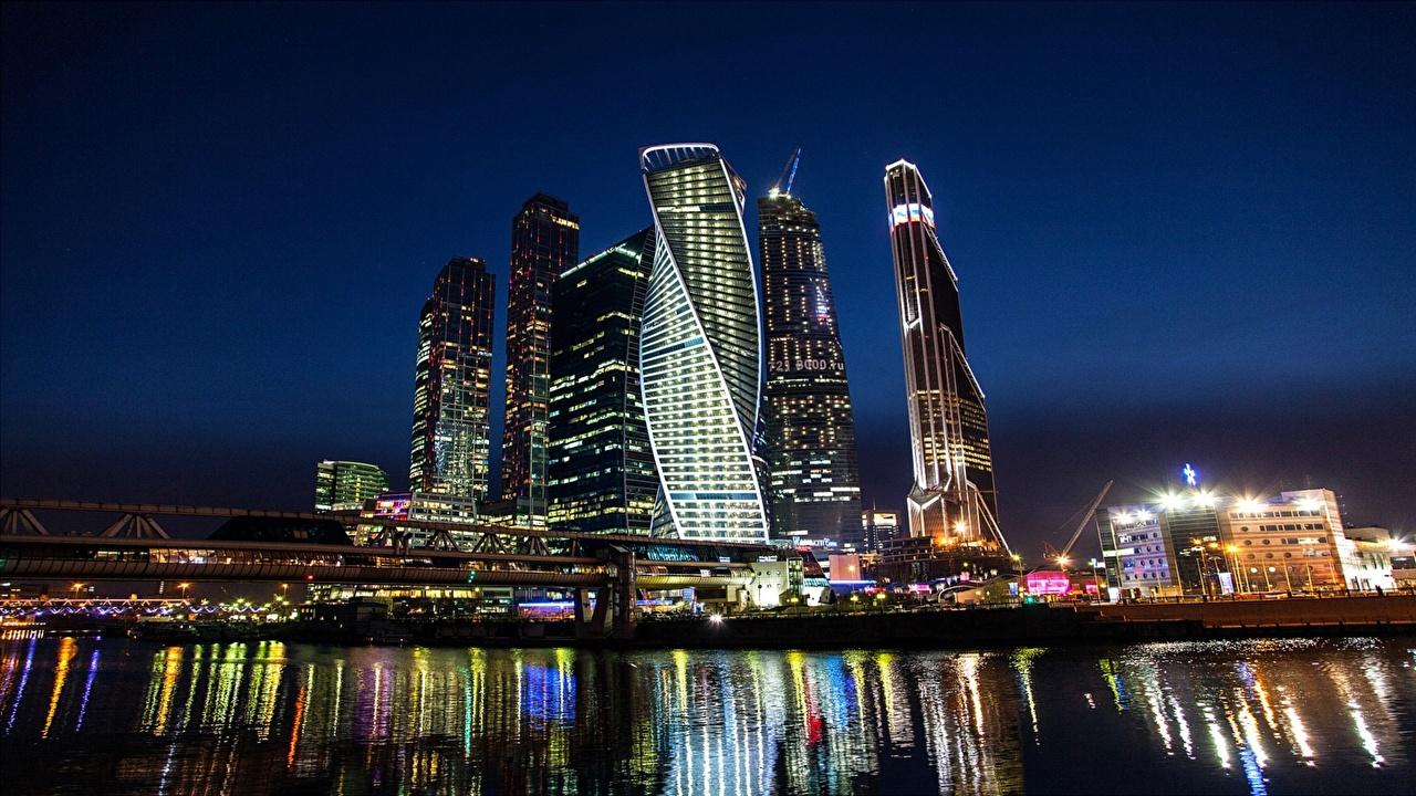 Desktop Wallpaper Moscow Russia Night Rivers Skyscrapers Cities
