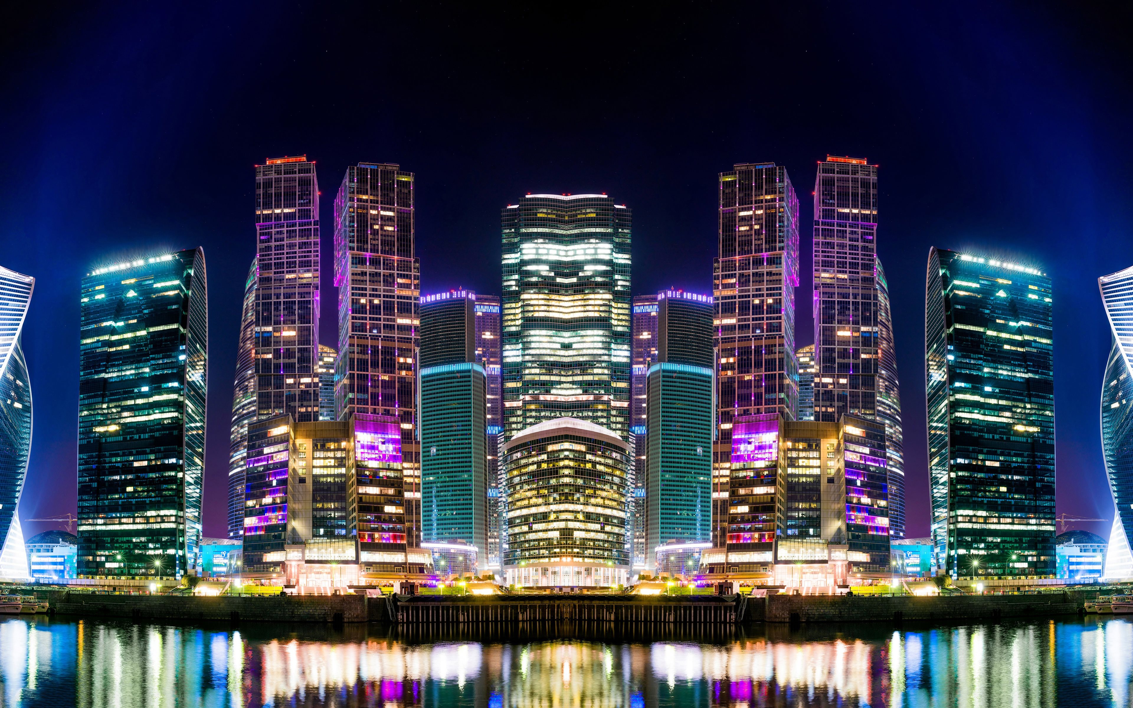 Download wallpaper Moscow, night, skyscrapers, panorama