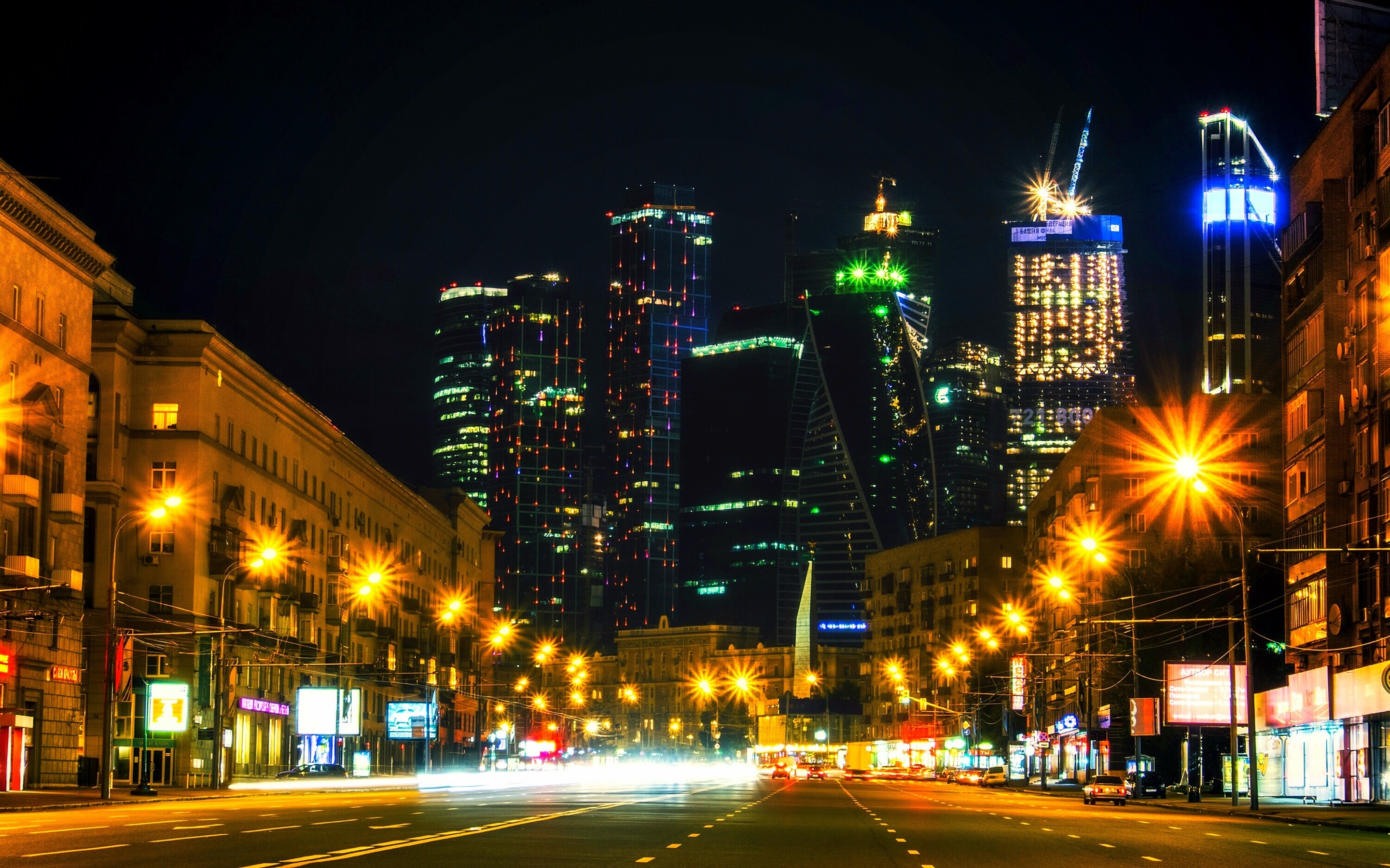 Wallpaper Moscow city night, Russia, road, houses