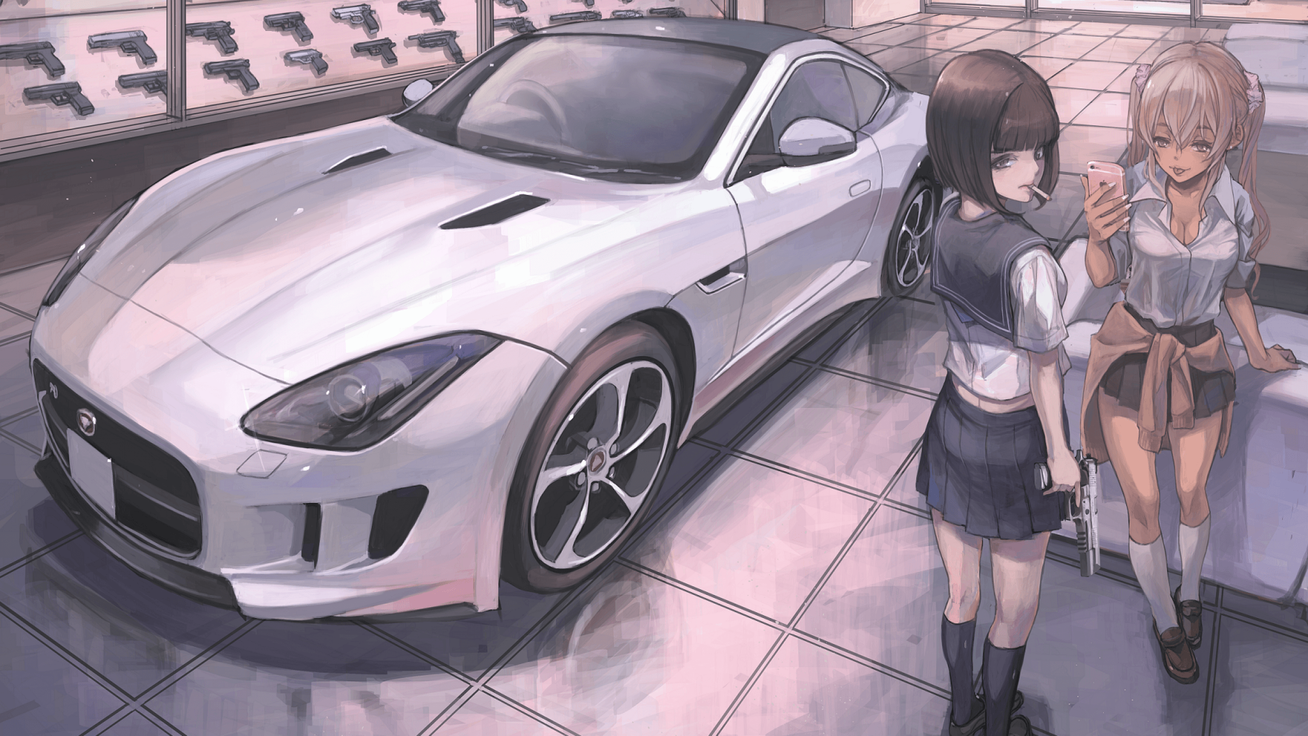 Download 2560x1440 Anime Sport Car, Anime Girls, School Girls