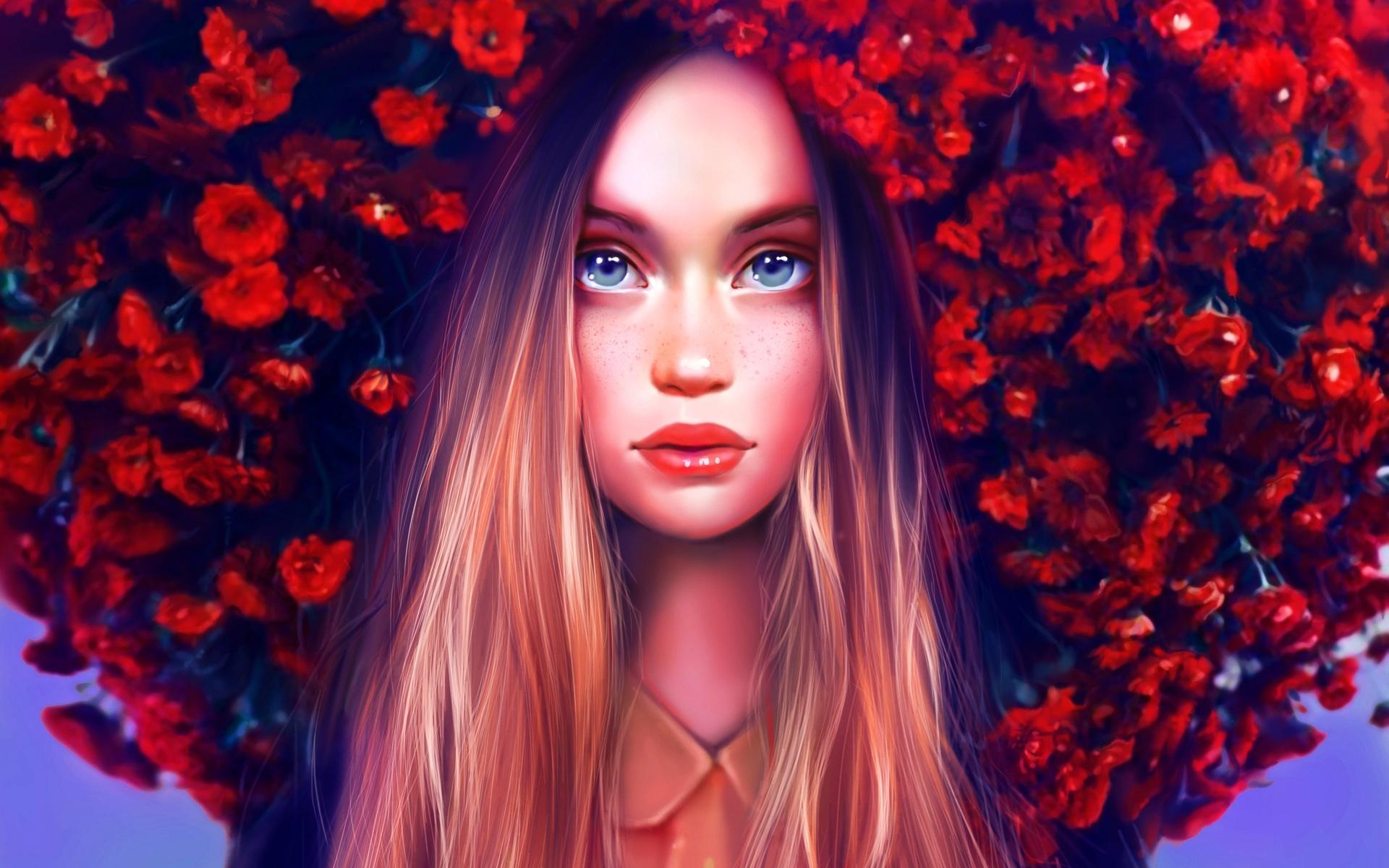 Wallpaper of Aqua Eyes, Flower, Girl, Lipstick, Red Flower