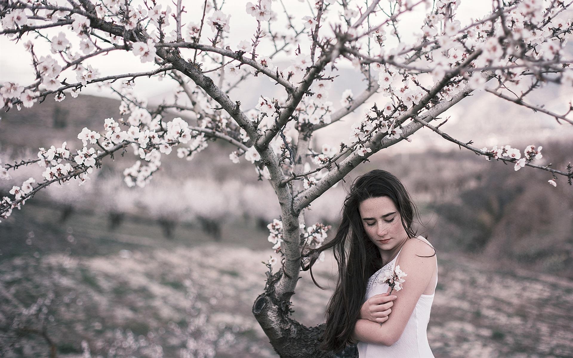 Wallpaper Girl in spring, flowers, tree 1920x1200 HD Picture