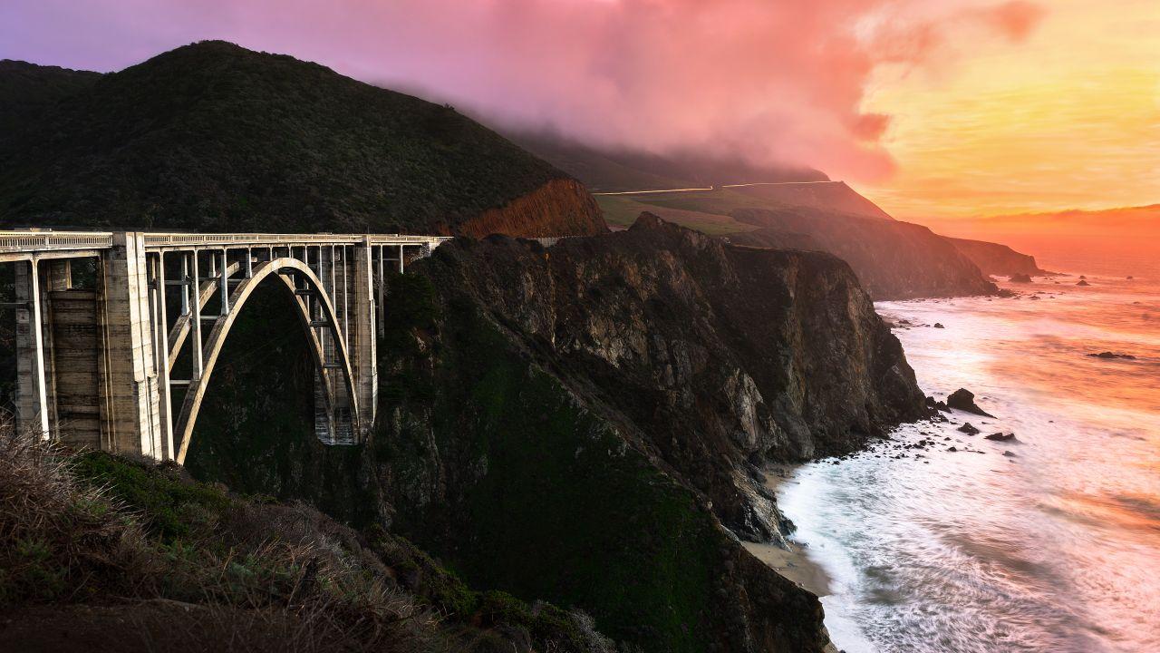 Wallpaper Bixby Bridge, Sunset, Highway Cliffed coast