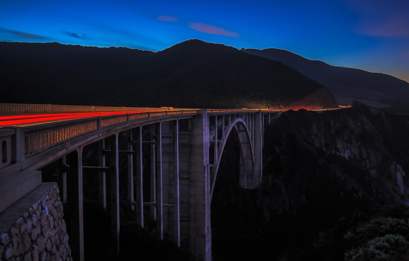Wallpaper mountains, night, bridge, CA, USA, track, Bixby