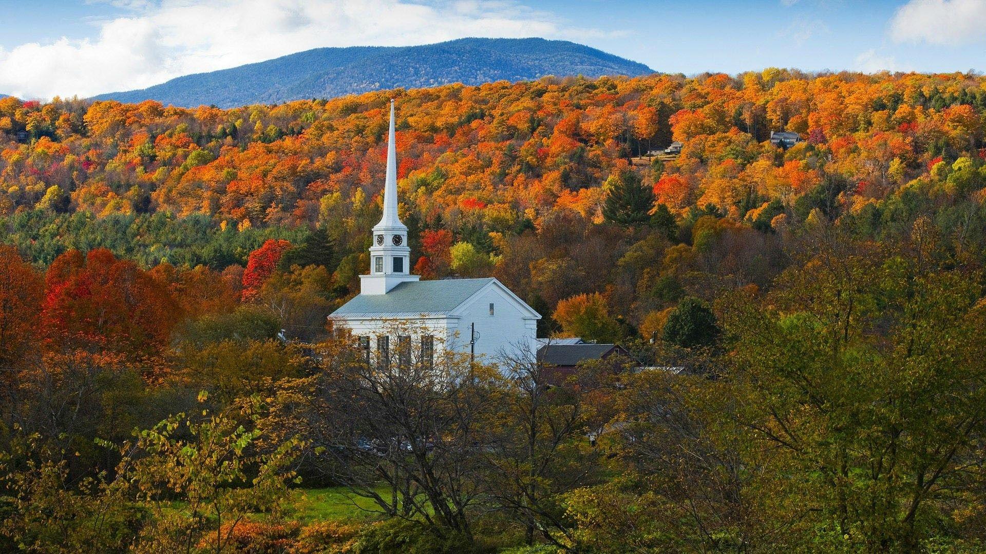 Little White Church by Autumn Forest HD Wallpaper