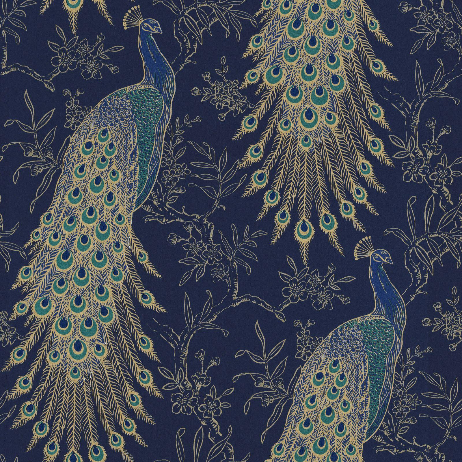 Details about Portfolio Peacock Wallpaper Navy / Gold Rasch 215700