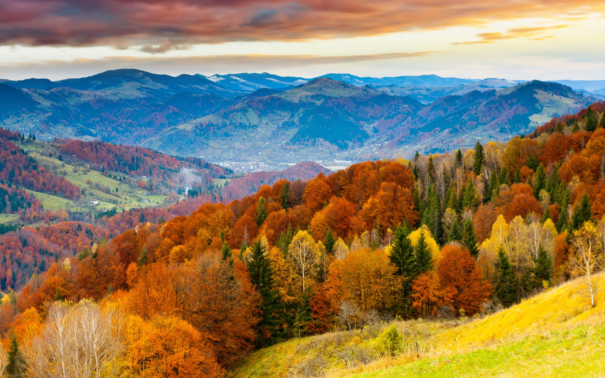 Wallpaper Sunset, autumn mountains, beautiful trees, field