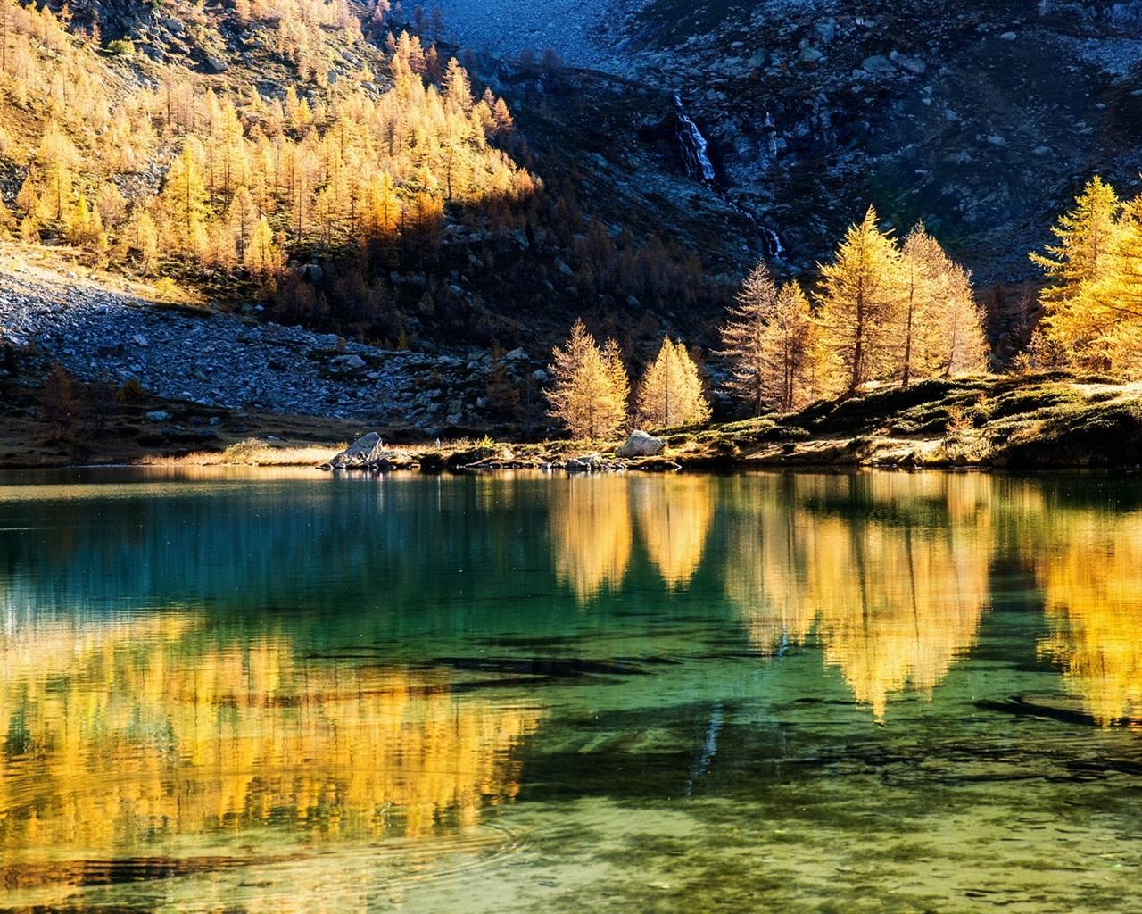 Wallpaper Mountains, trees, lake, water reflection, autumn