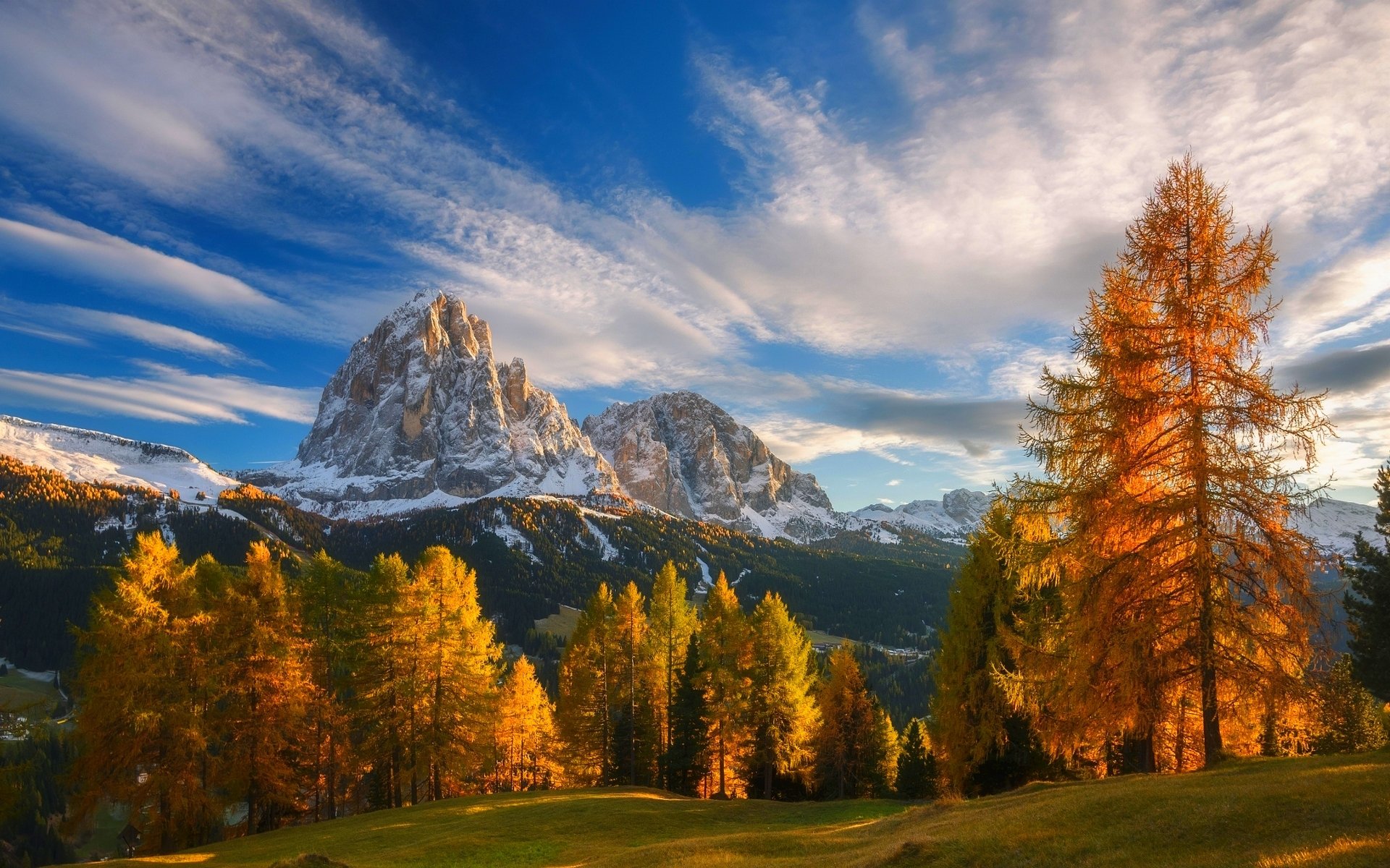 beautiful, clouds, forest, Italy, trees, sky, fall colors, sunset, autumn, snowy peaks, Dolomites, mountains wallpaper