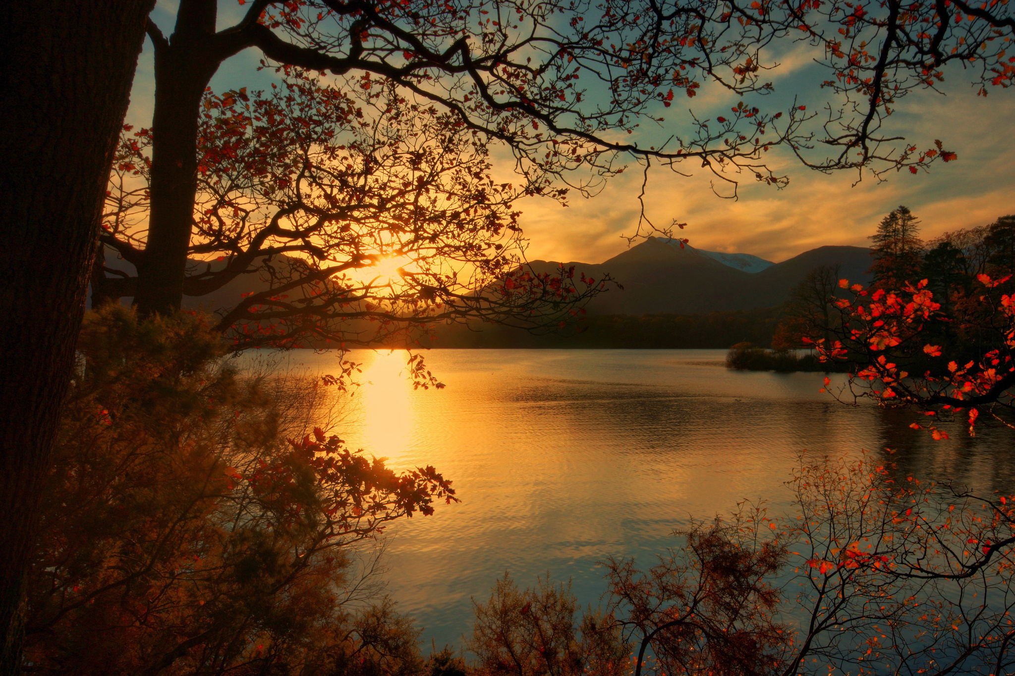 nature, trees, lake, beautiful, mountains, sunset, autumn