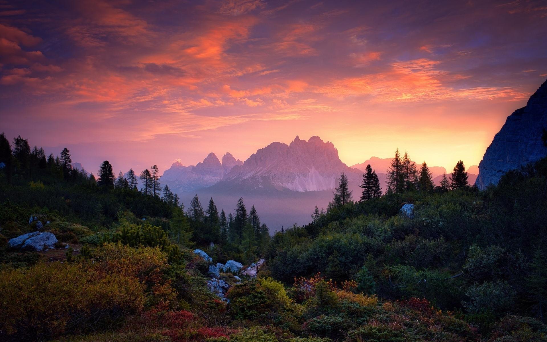 Wallpaper Red sky, clouds, mountains, trees, autumn