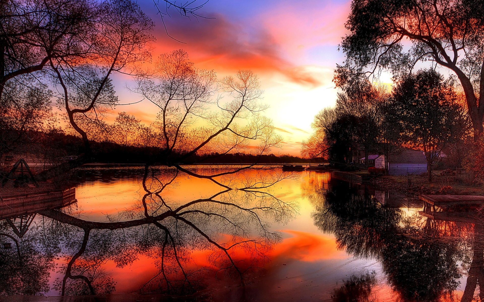 Autumn sunset pond lakes reflection wallpaperx1200