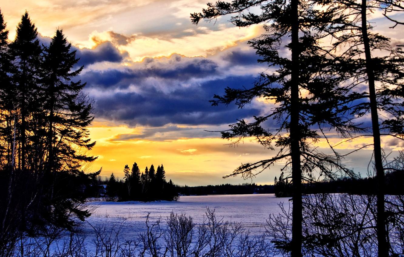 Wallpaper Canada, river, trees, nature, sunset, winter