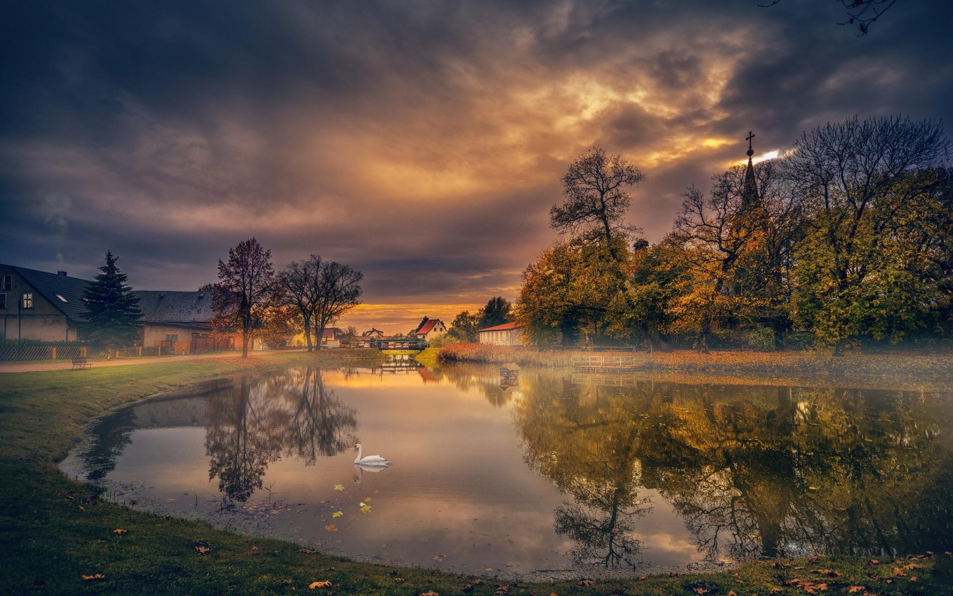 Download wallpaper autumn, lake, village, white swan