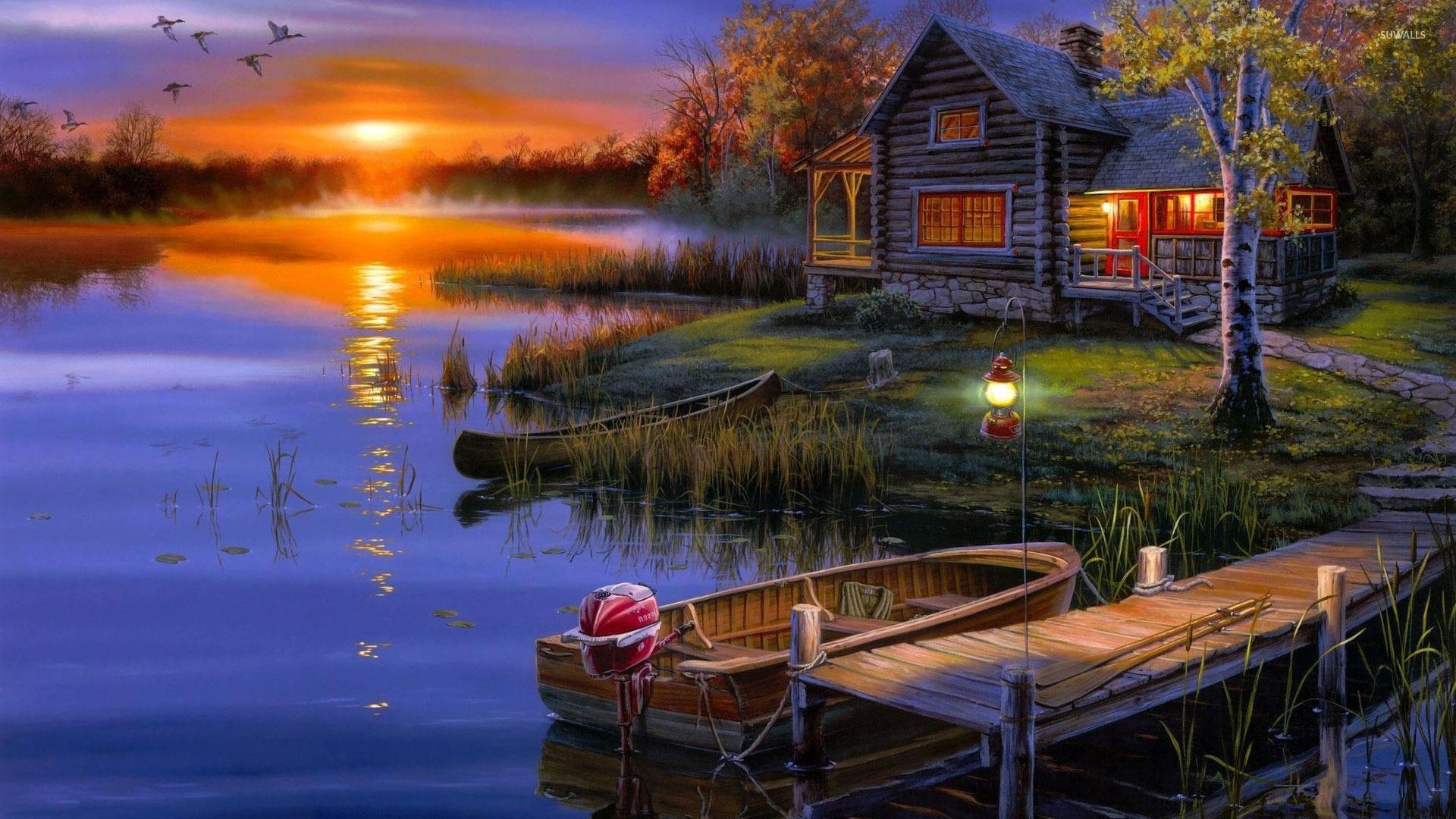 Autumn sunset at the lakeside house wallpaper
