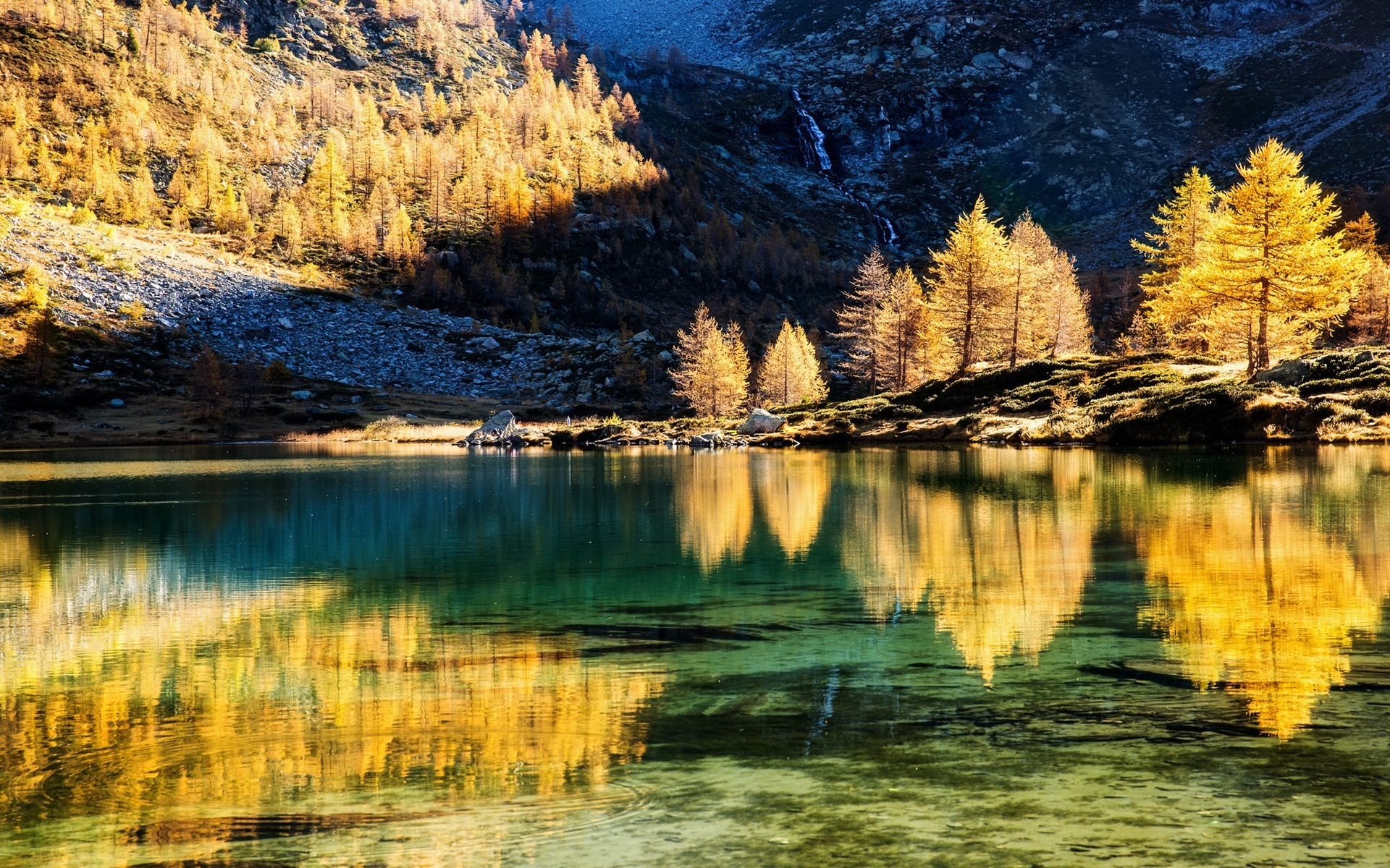 Mountains, trees, lake, water reflection, autumn, sunset