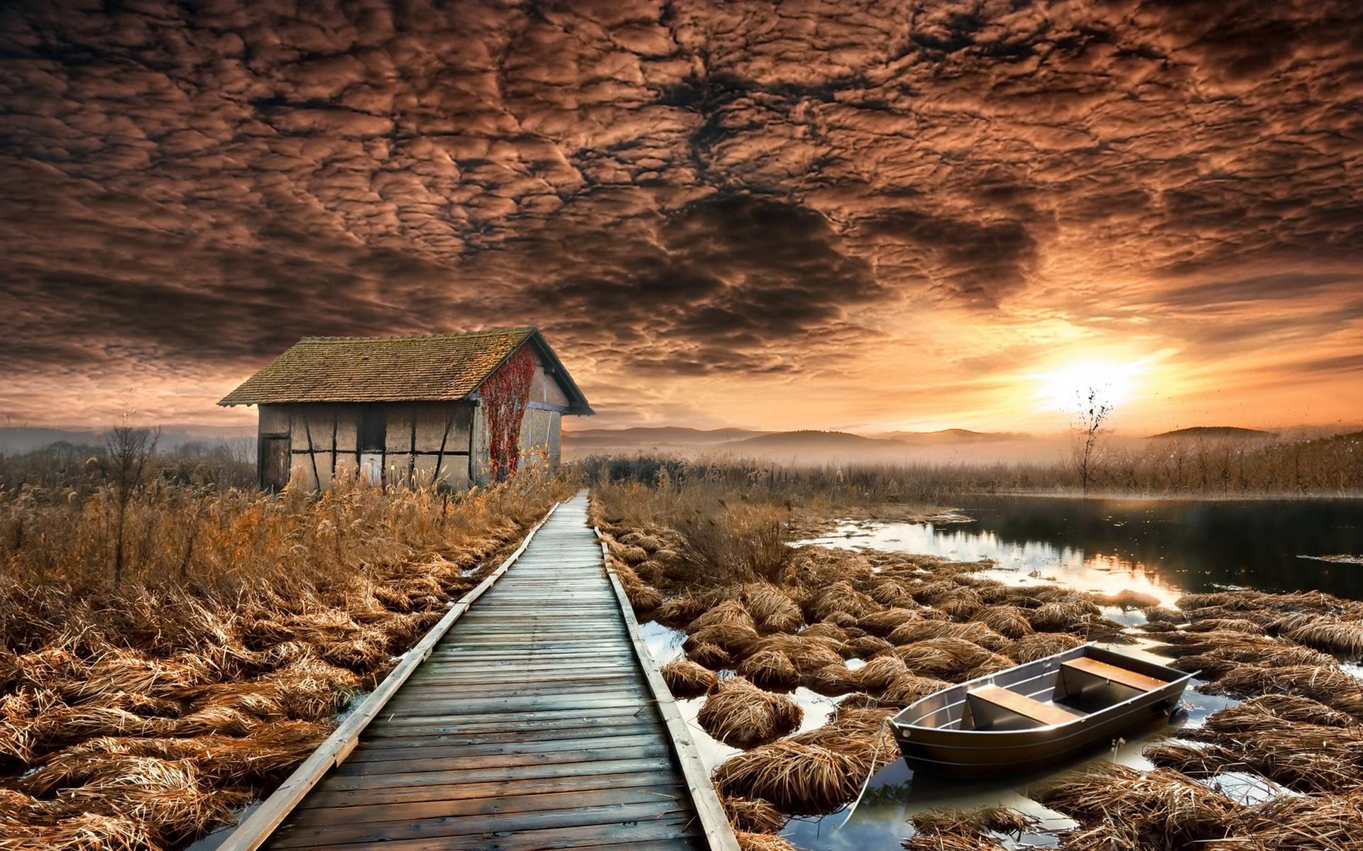 Wallpaper House, wooden path, lake, trees, autumn, sunset