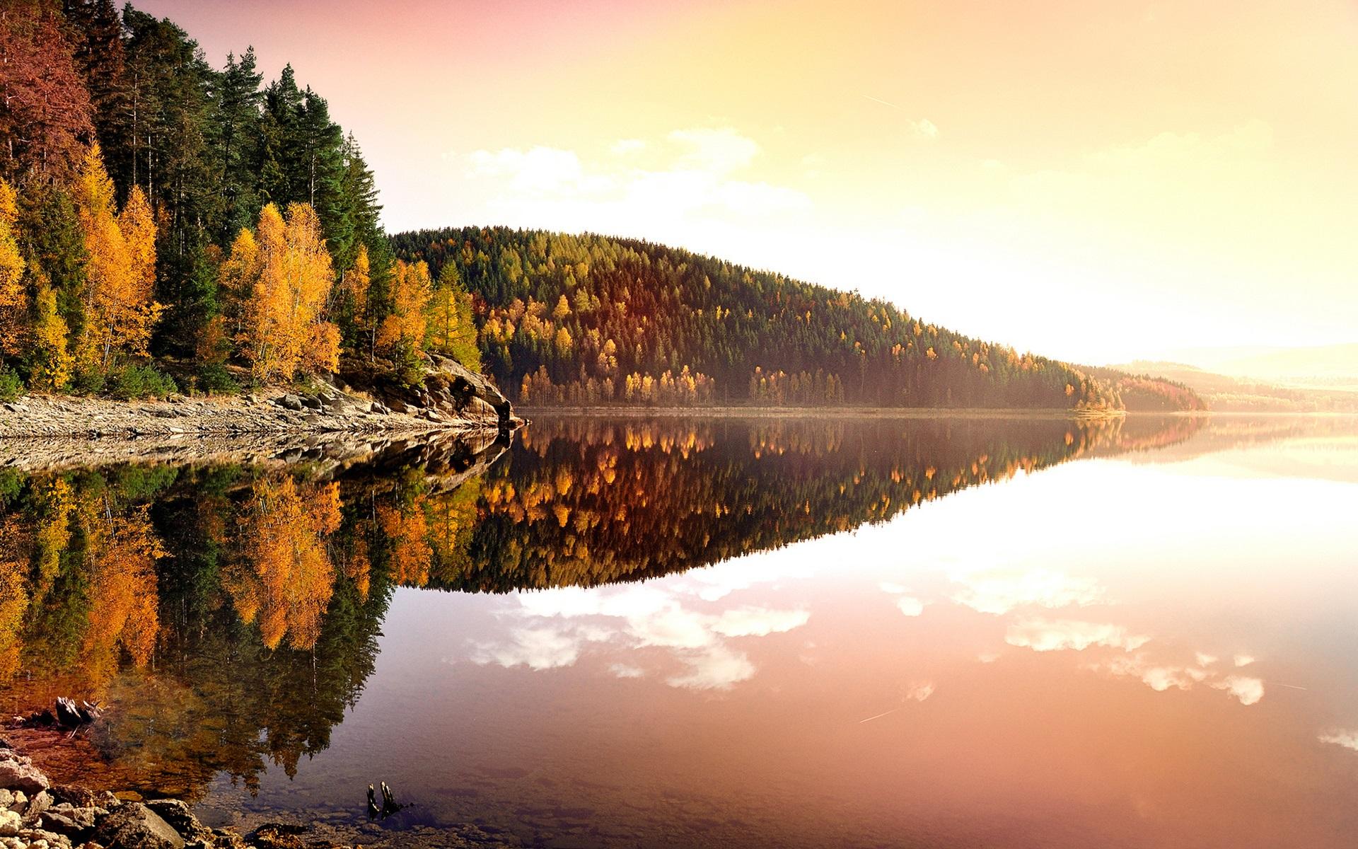 Germany, autumn, nature, sunset, trees, lake, water