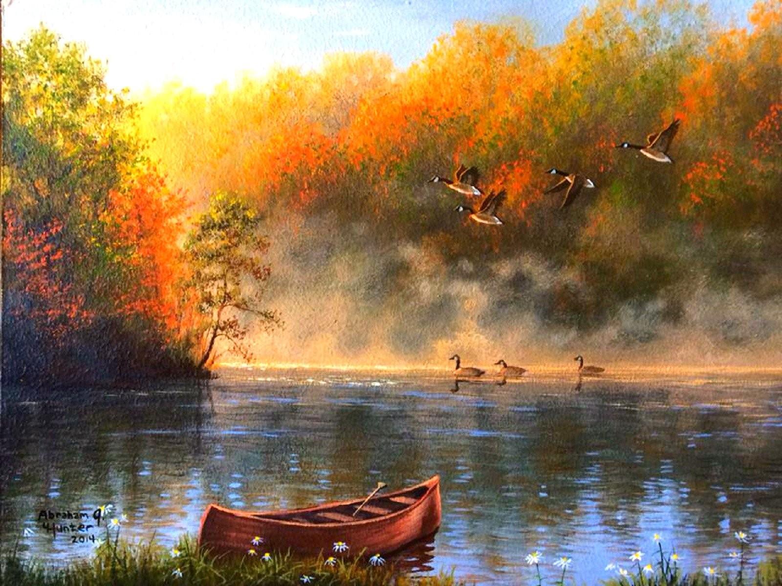 Fantasy Wallpaper, Landscape, autumn, Tree, Sumrise, Artwork, River, Forest, Duck, Abstract HD Wallpaper, Mood Nature, Boat, full HD, Fall, R