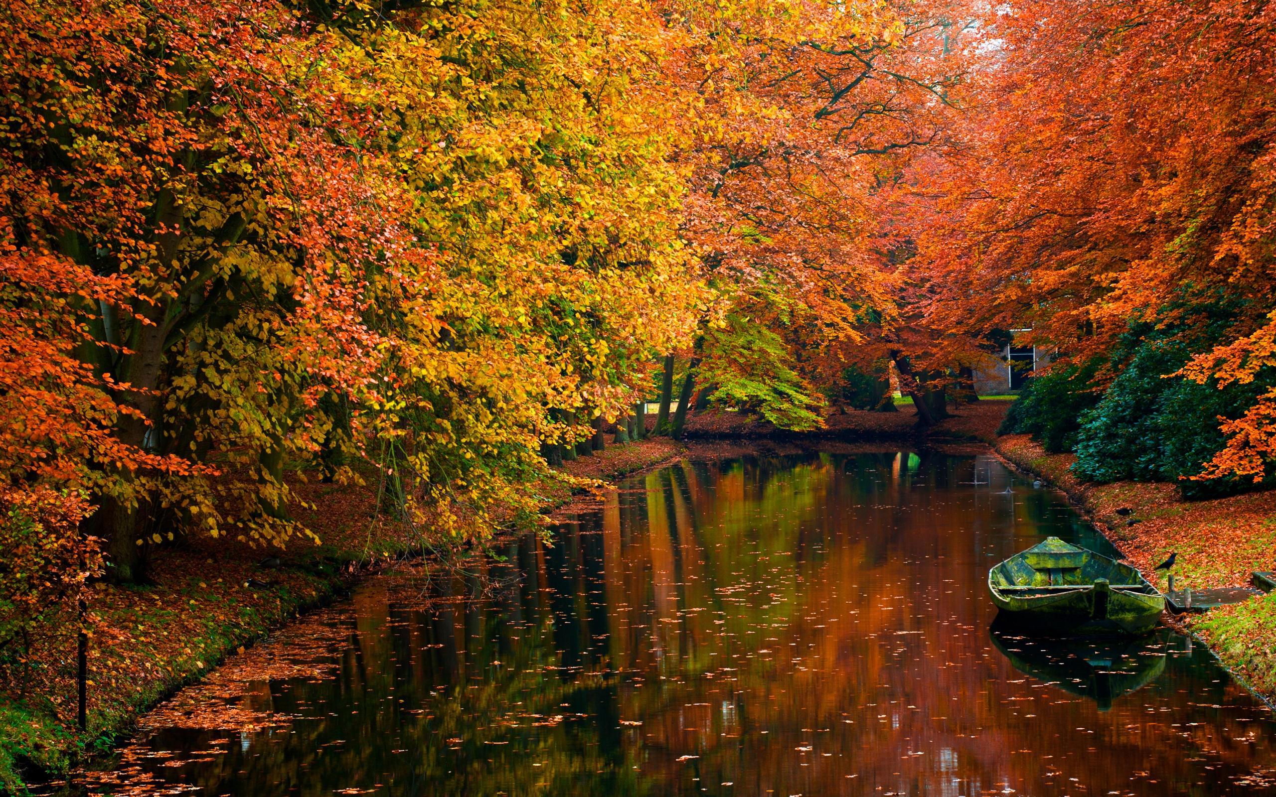 Autumn River With Boat HD desktop wallpaper, Widescreen