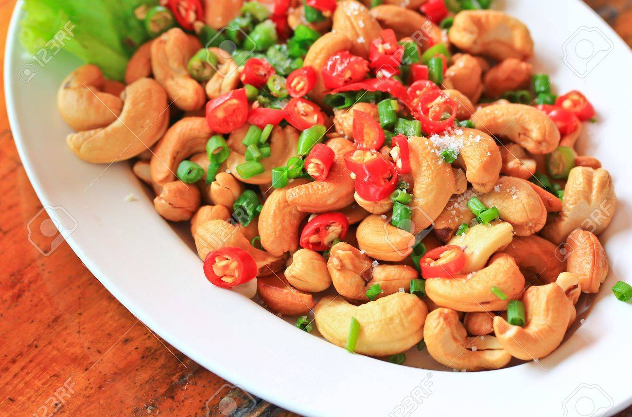 Best Close up cashews nut salad with chili and salt