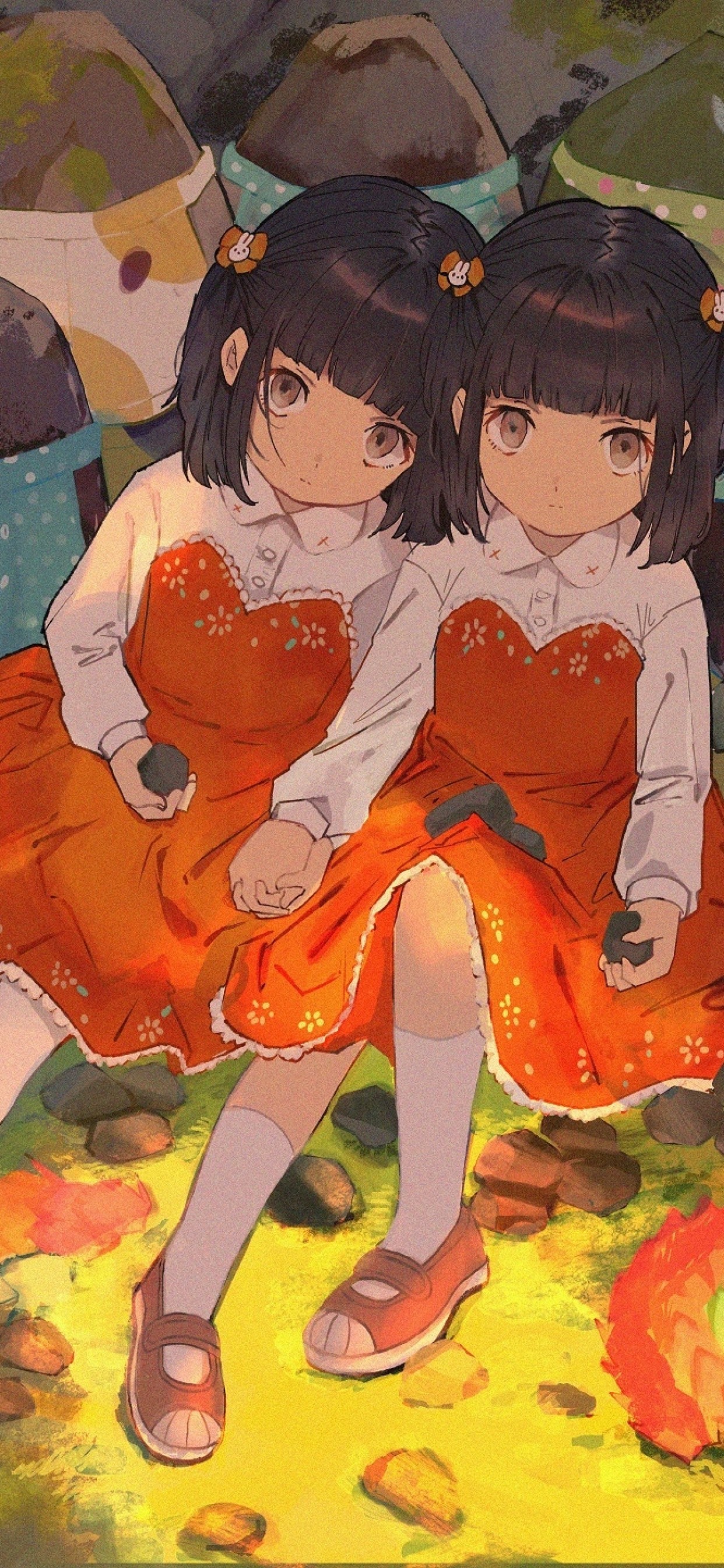 Download 1242x2688 Anime Twin Girls, Sisters, Dress, Artwork