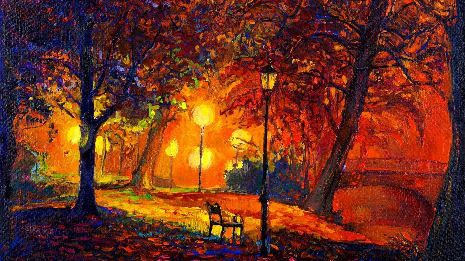 digital Art, Nature, Trees, Painting, Park, Bench, Lamps, Fall. Landscape wallpaper, Painting wallpaper, Landscape paintings