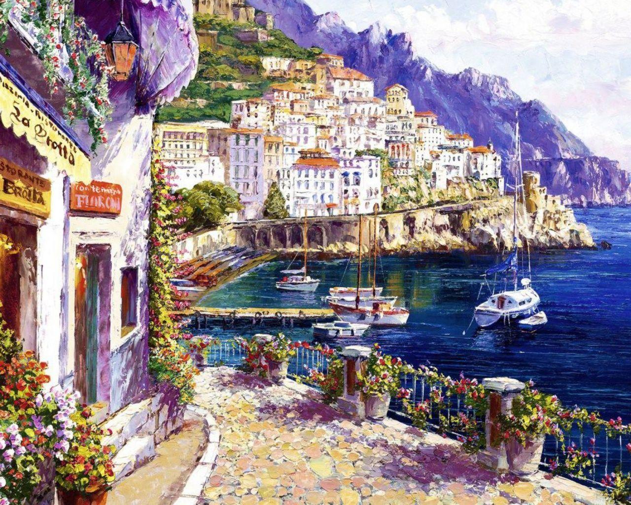 Italian Coastline Paintings Wallpaper at