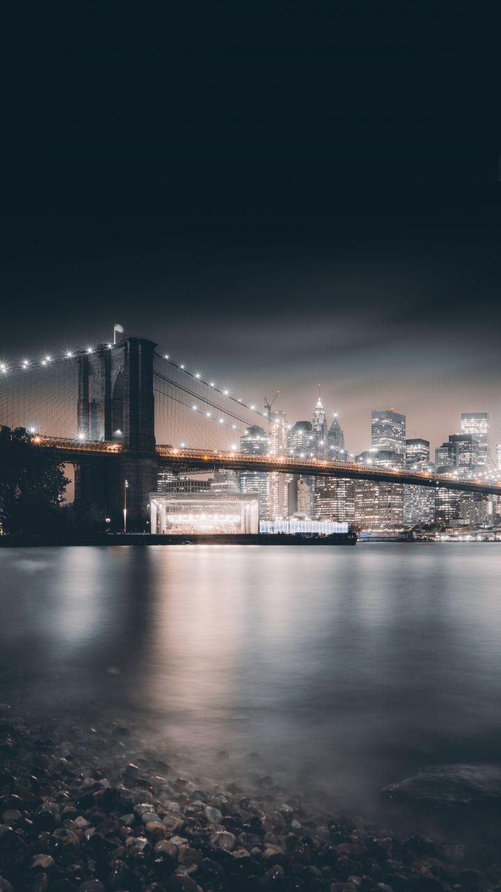 Brooklyn Bridge, night, city, buildings, architecture