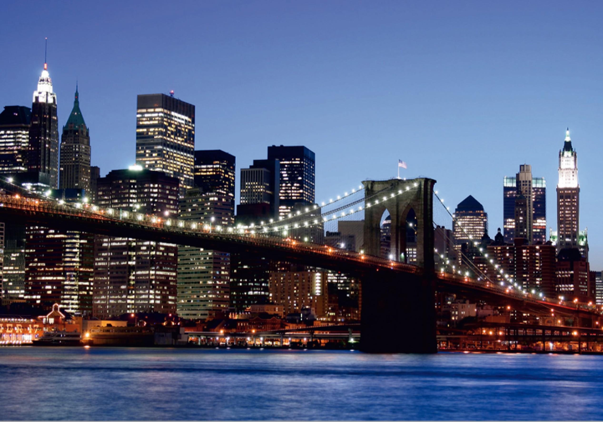 New York City Brooklyn Bridge At Night Wall Mural Non Woven Photo Wallpaper MADE In EUROPE For Living Room Family Room Bedroom, 11'10(H) X 8'10(V)