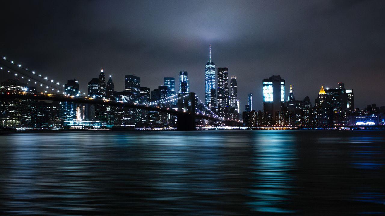 Wallpaper New York City, Brooklyn Bridge, City lights, Night