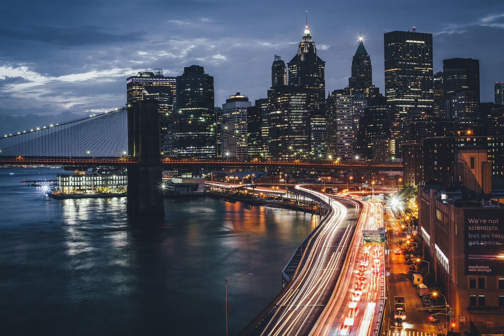 Brooklyn Bridge, USA, city, New York City, night HD