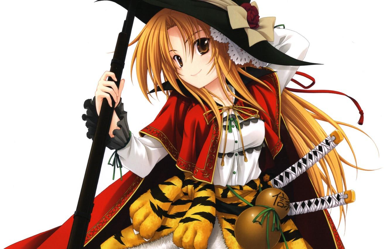 Wallpaper girl, gun, weapon, hat, tiger, anime, samurai