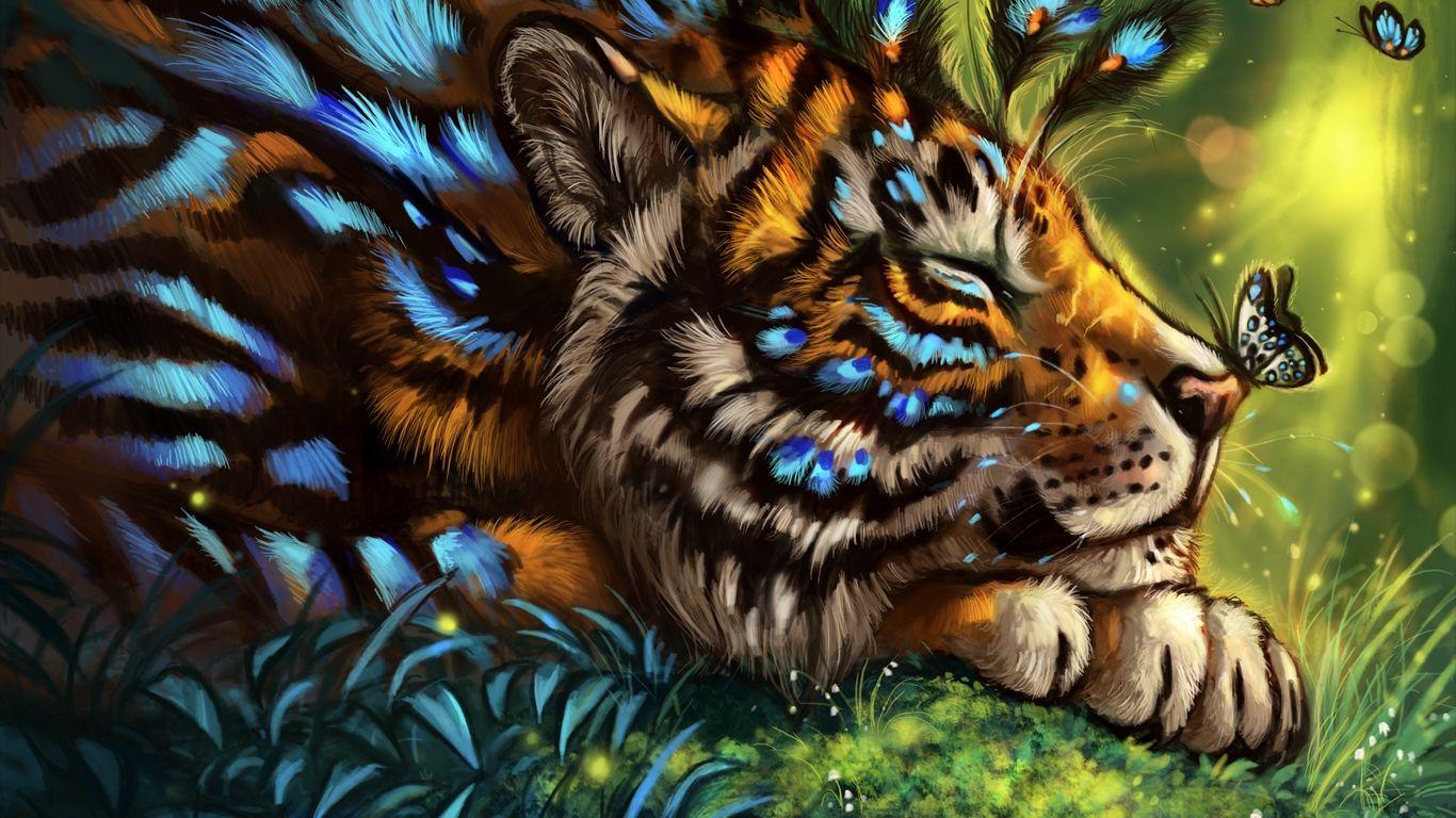 Wallpaper tiger, art, butterfly, muzzle, dream, fabulous. Tiger art, Mythical creatures art, Big cats art