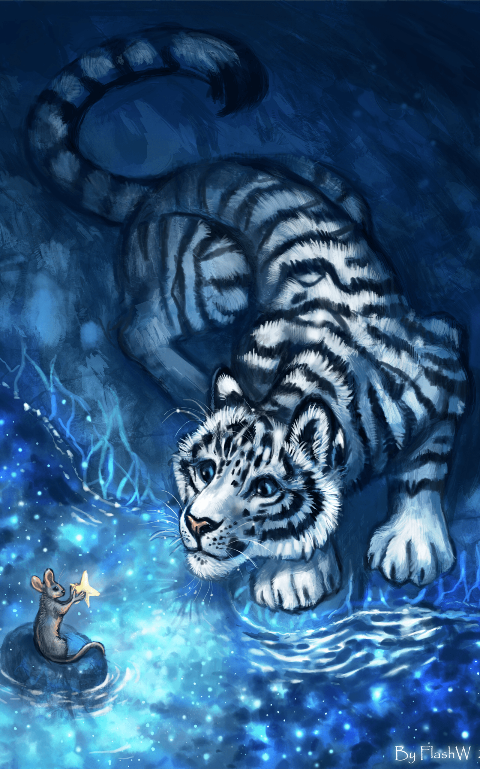 Download 1600x2560 White Tiger, Water, Magical, Mouse