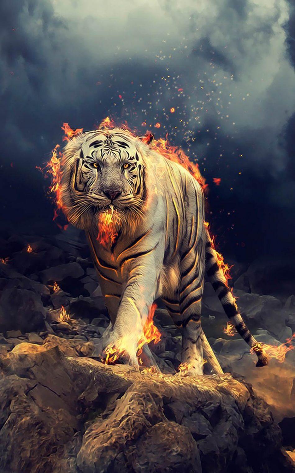 White Tiger Fire CGI 4K Ultra HD Mobile Wallpaper