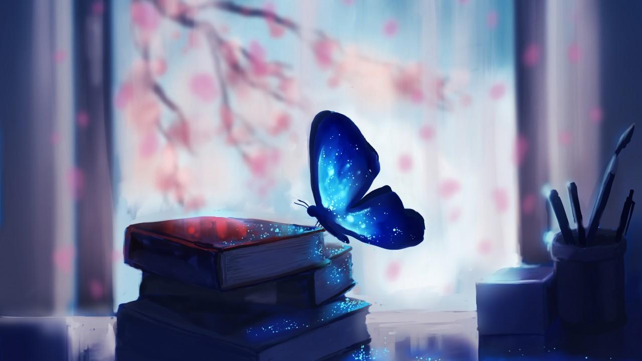 Wallpapers Blue, Butterfly, Books, Fantasy, 4K, Creative