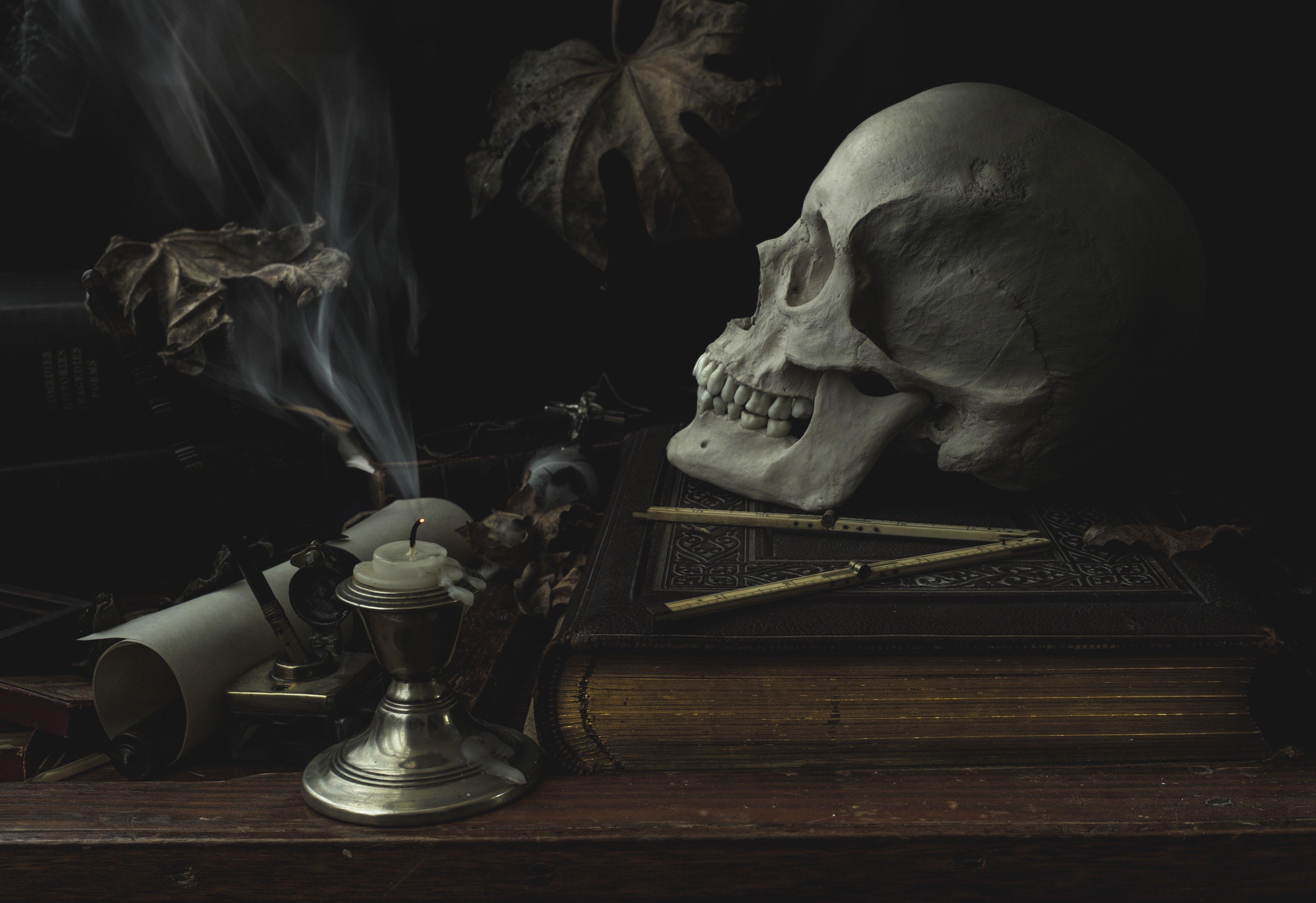 skull, Candles, Gothic, Book, Fantasy, Dark Wallpapers HD